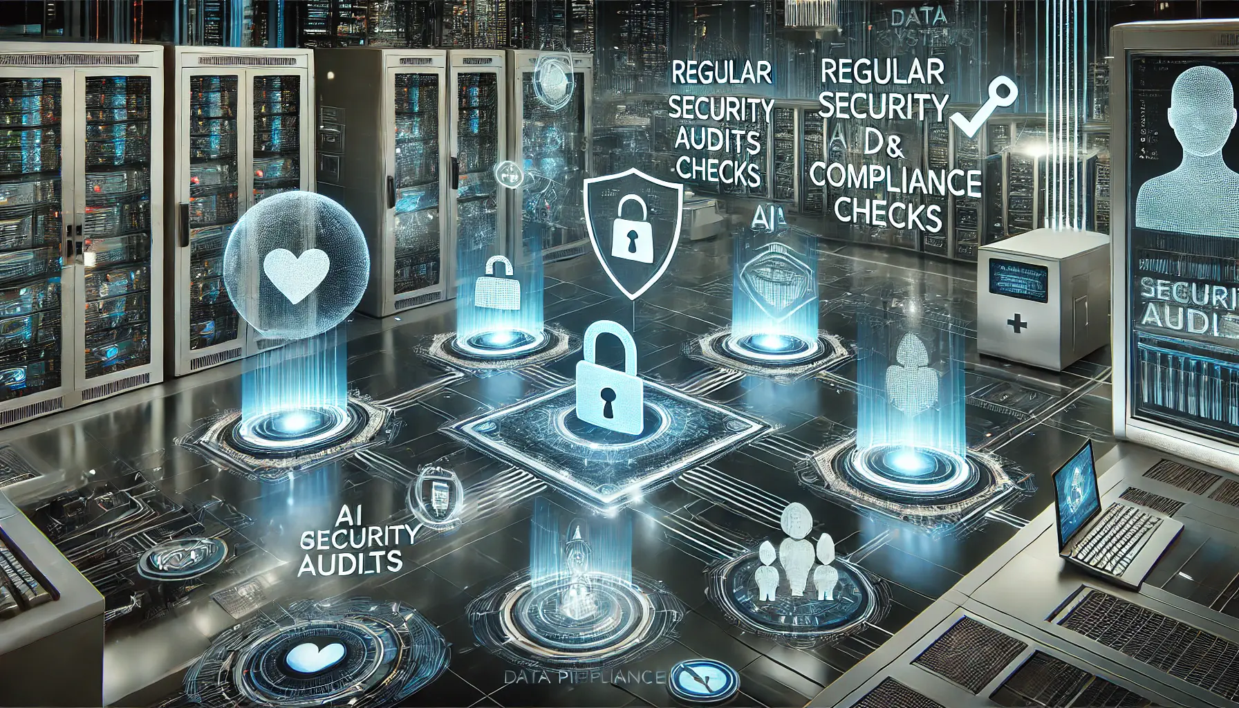 A futuristic digital environment illustrating security audits and compliance checks with holographic tools and real-time data monitoring systems.