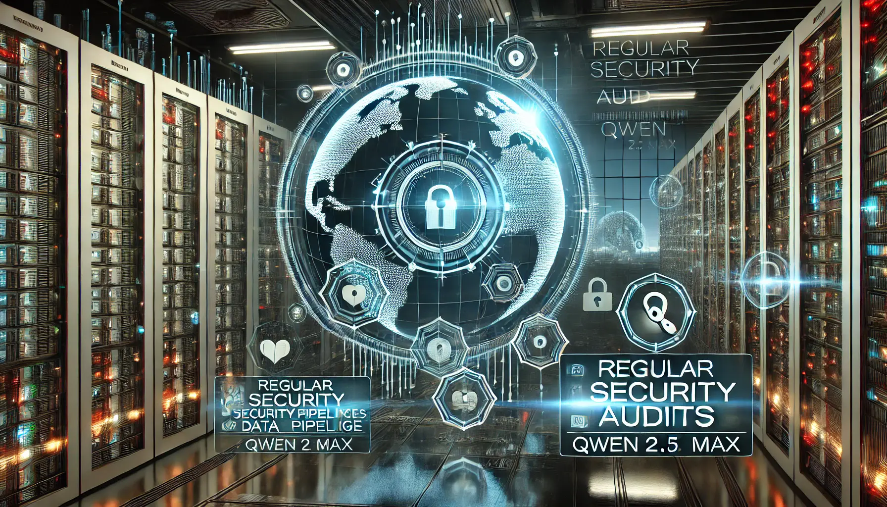 A futuristic digital environment illustrating regular security audits, with holographic scanning systems monitoring data and encrypted storage.