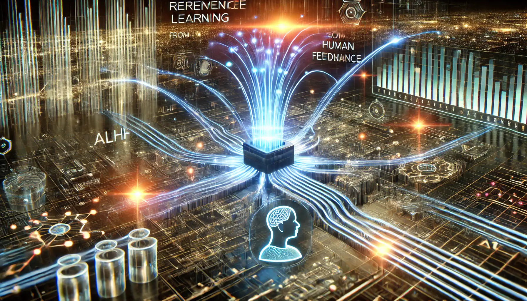 A digital visualization of Reinforcement Learning from Human Feedback (RLHF), showing human feedback influencing the AI model's decision-making process.