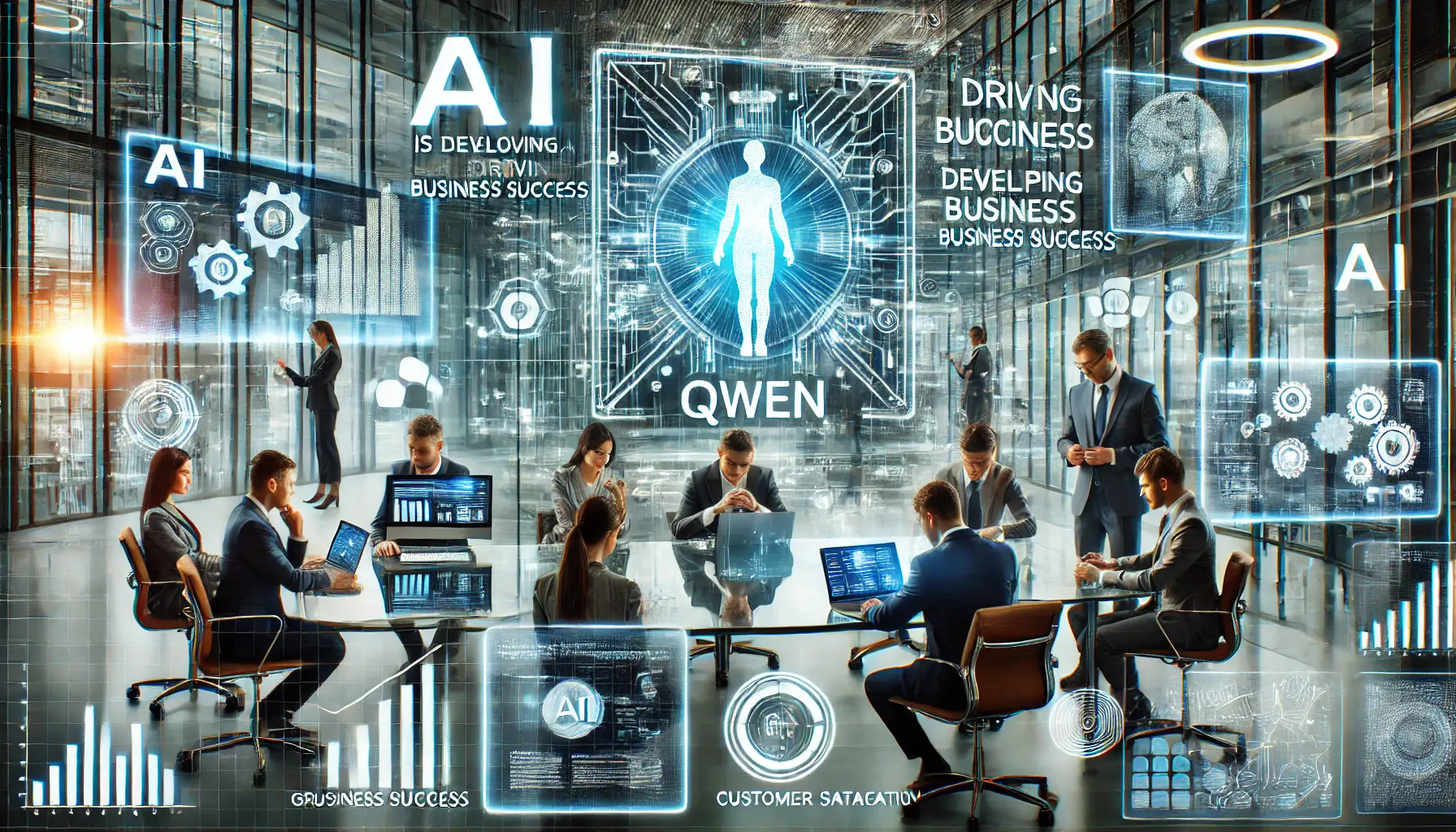 A high-tech business environment where professionals discuss and analyze how Qwen AI is driving business success through data and strategies.