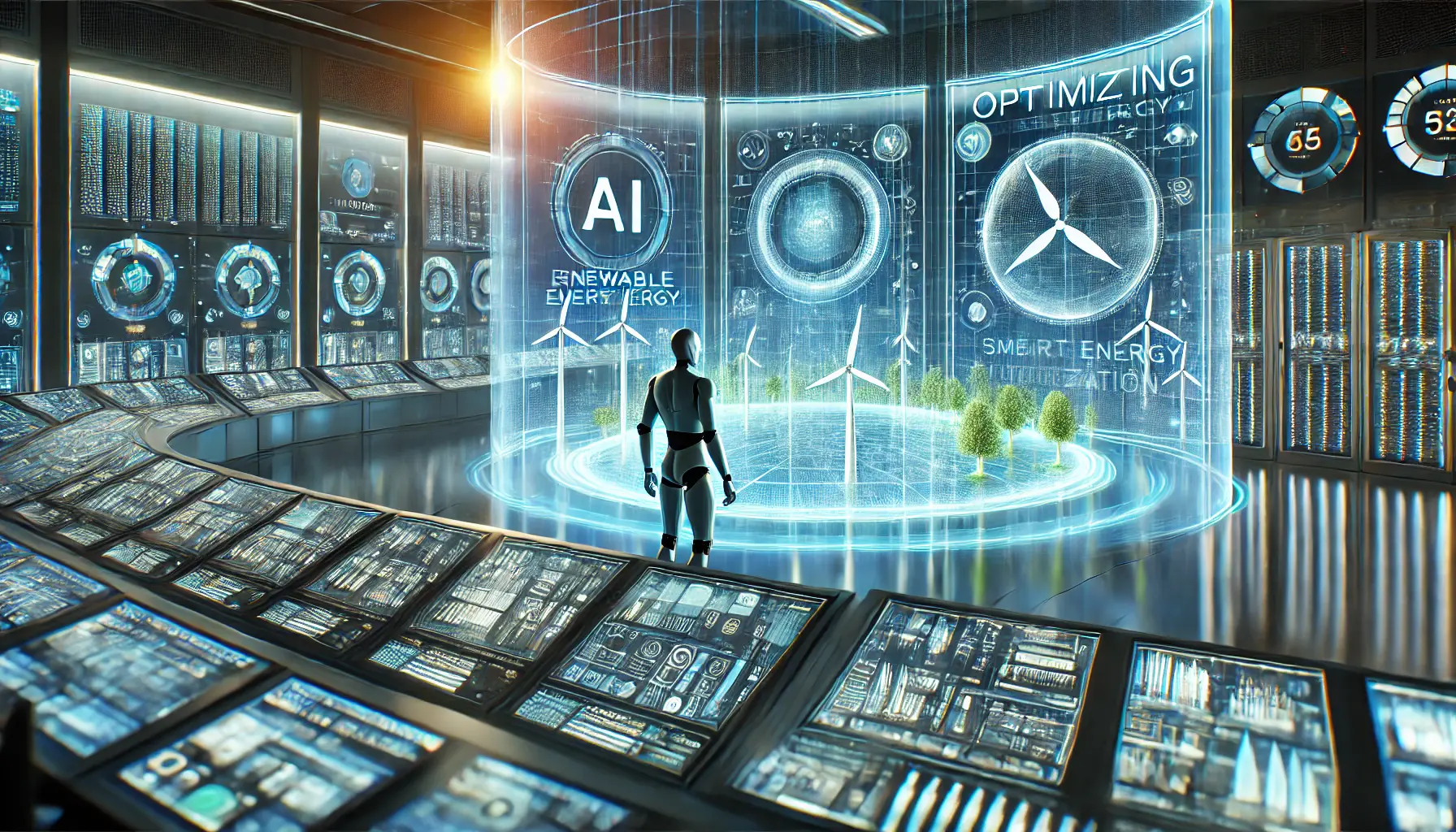 A futuristic AI-powered control room showcasing renewable energy optimization, including real-time data on energy production, consumption, and smart grid management.