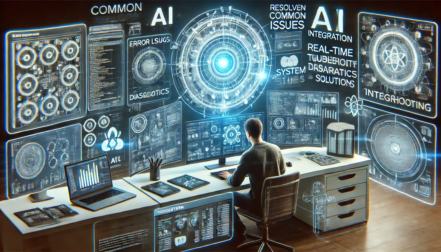 A high-tech developer workspace showing a developer troubleshooting an AI system with digital screens displaying error diagnostics, system logs, and solutions.