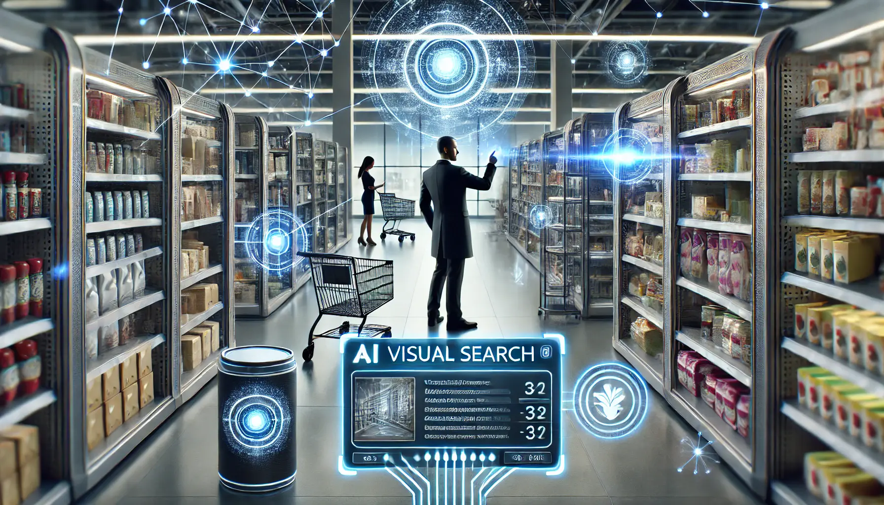 A futuristic retail environment with AI-driven visual search and inventory management, featuring AI-powered cameras and real-time stock updates.