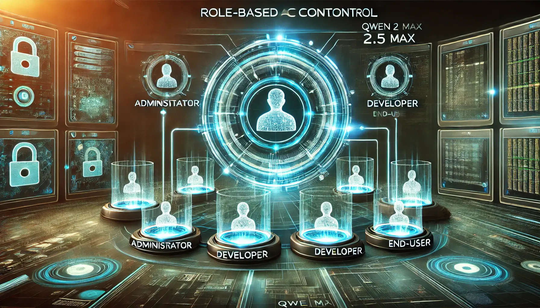 A futuristic digital control panel visualizing role-based access controls with unique privileges for different user roles.