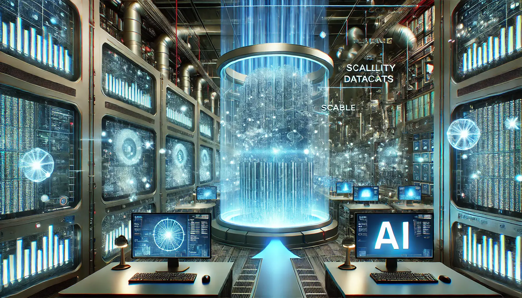 A futuristic AI-powered control room showcasing scalability and seamless data processing of large datasets through multiple holographic screens.