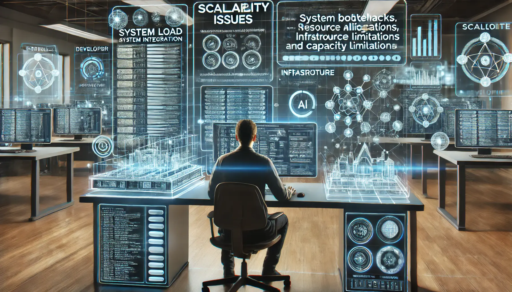 A high-tech developer workspace illustrating scalability issues with digital screens showing system load metrics, resource allocation, and capacity limitations.