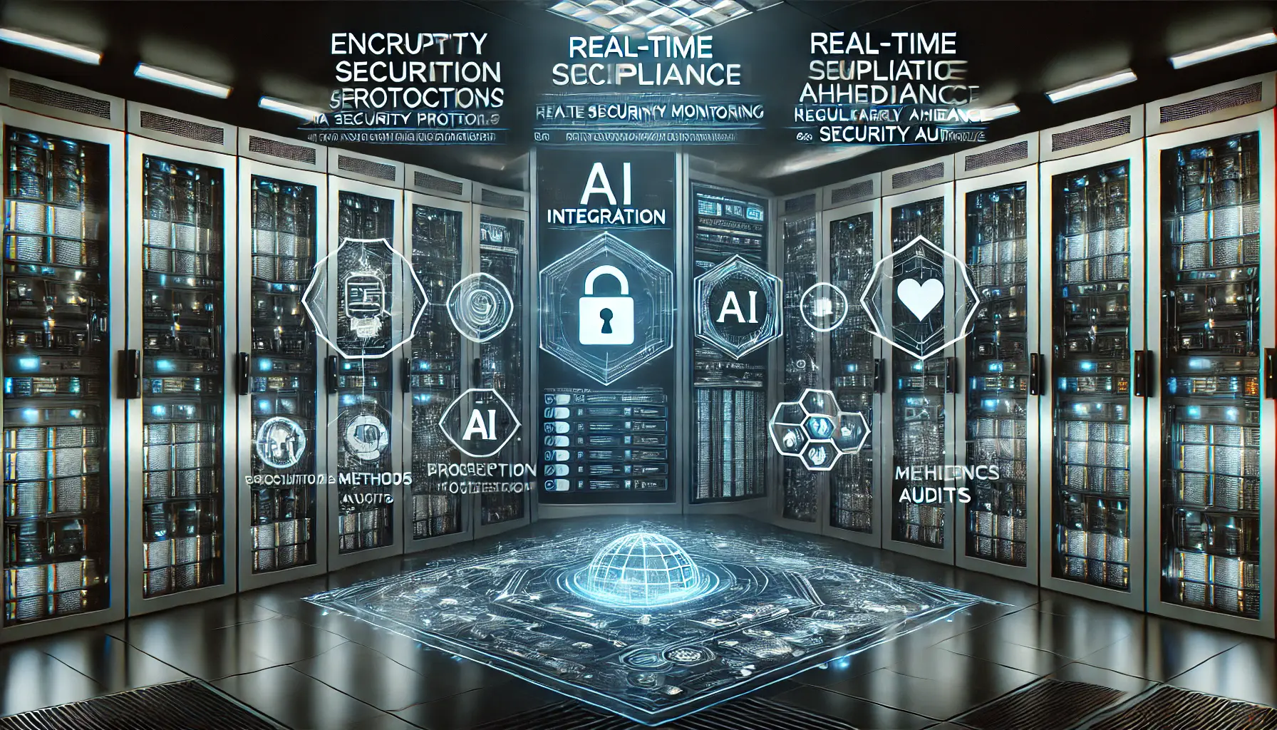 A high-tech cybersecurity environment illustrating secure server rooms with digital screens displaying encryption protocols, security monitoring, and compliance checks.