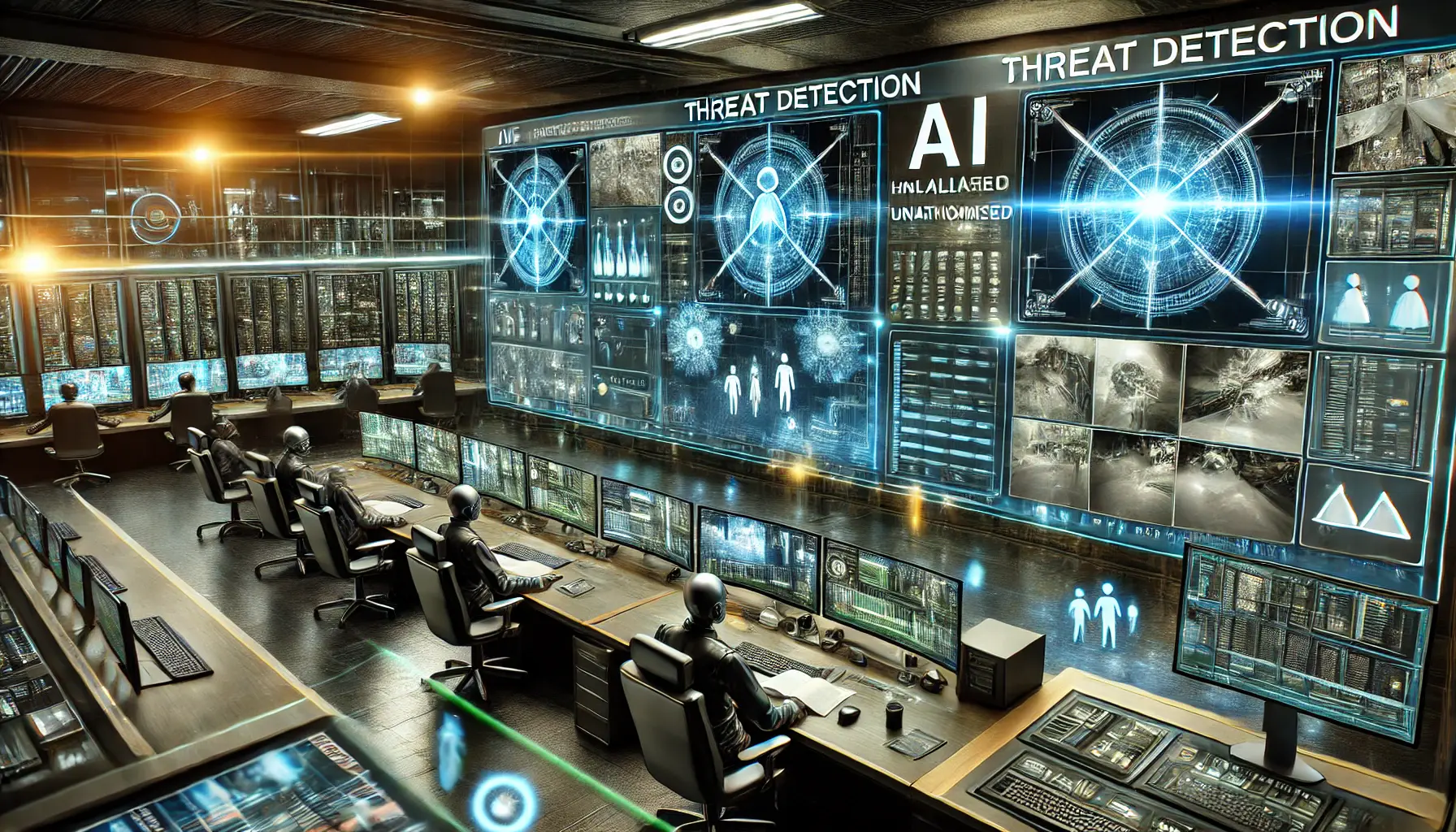 A high-tech security surveillance control room with AI-driven threat detection analyzing live footage in real-time, highlighting potential security risks.