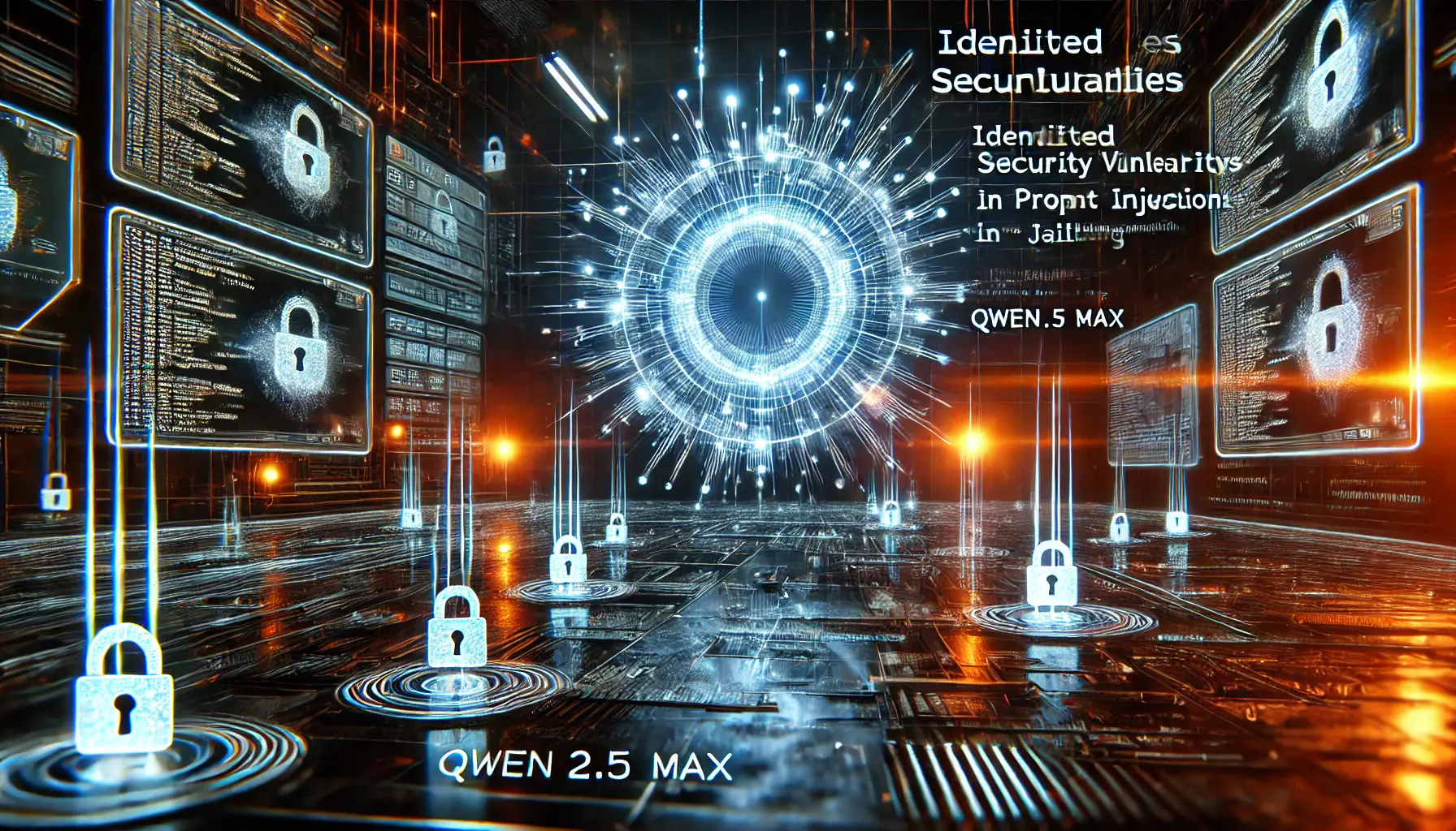 A futuristic digital environment highlighting identified security vulnerabilities in Qwen 2.5 Max, with cracks in firewalls and disrupted data flow.