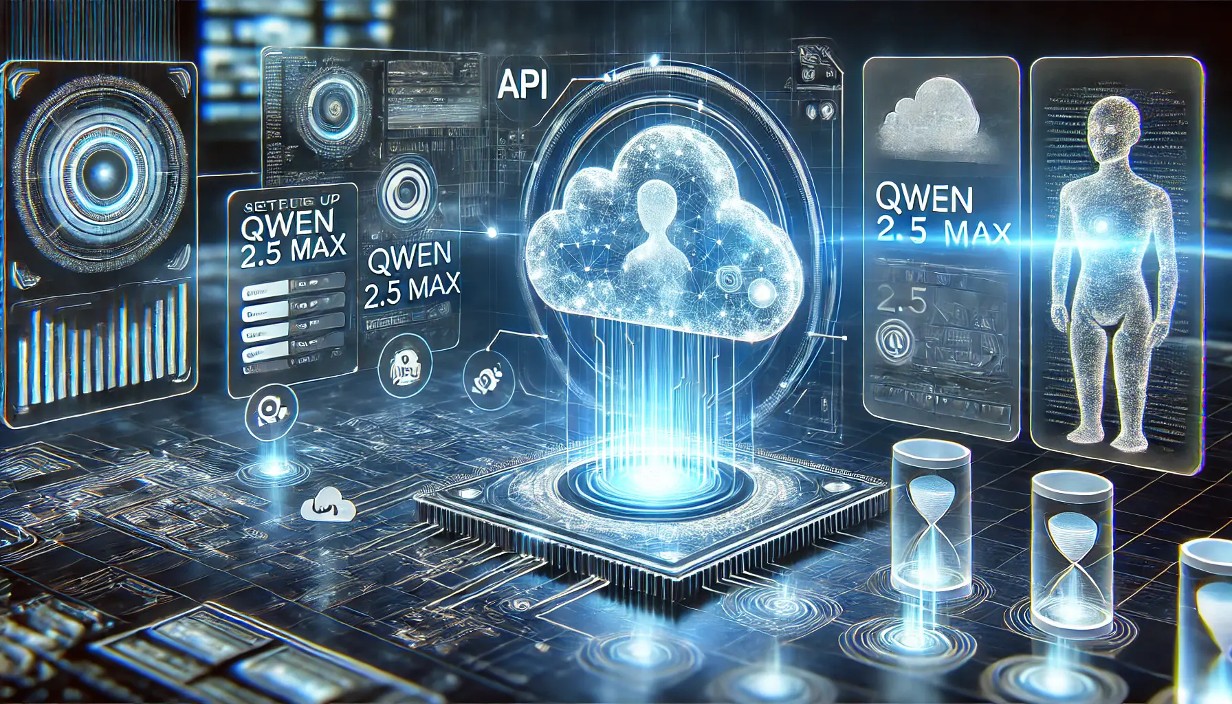 A high-tech holographic interface displaying the setup process for Qwen 2.5 Max with API integrations and cloud connections.