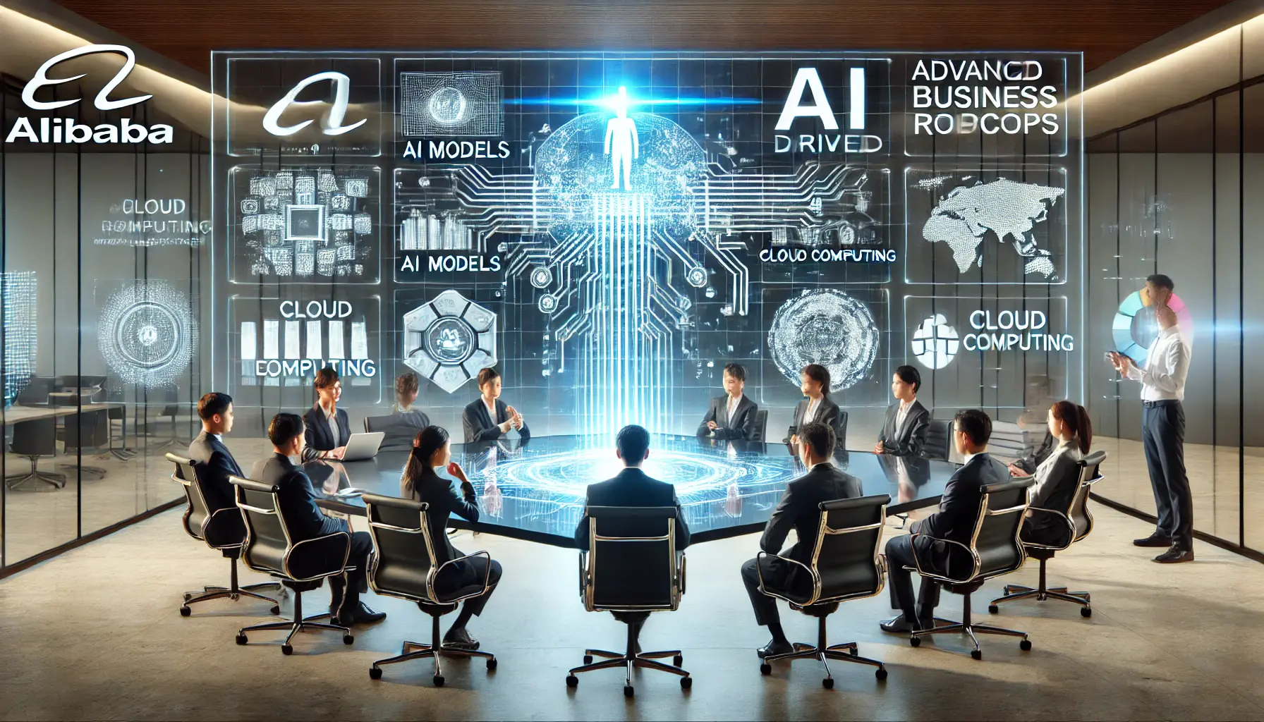 A futuristic corporate strategy meeting at Alibaba headquarters, where executives analyze holographic data projections of AI models and cloud computing performance. A large transparent screen displays an advanced AI roadmap, symbolizing Alibaba’s strategic focus on AI innovation and integration.