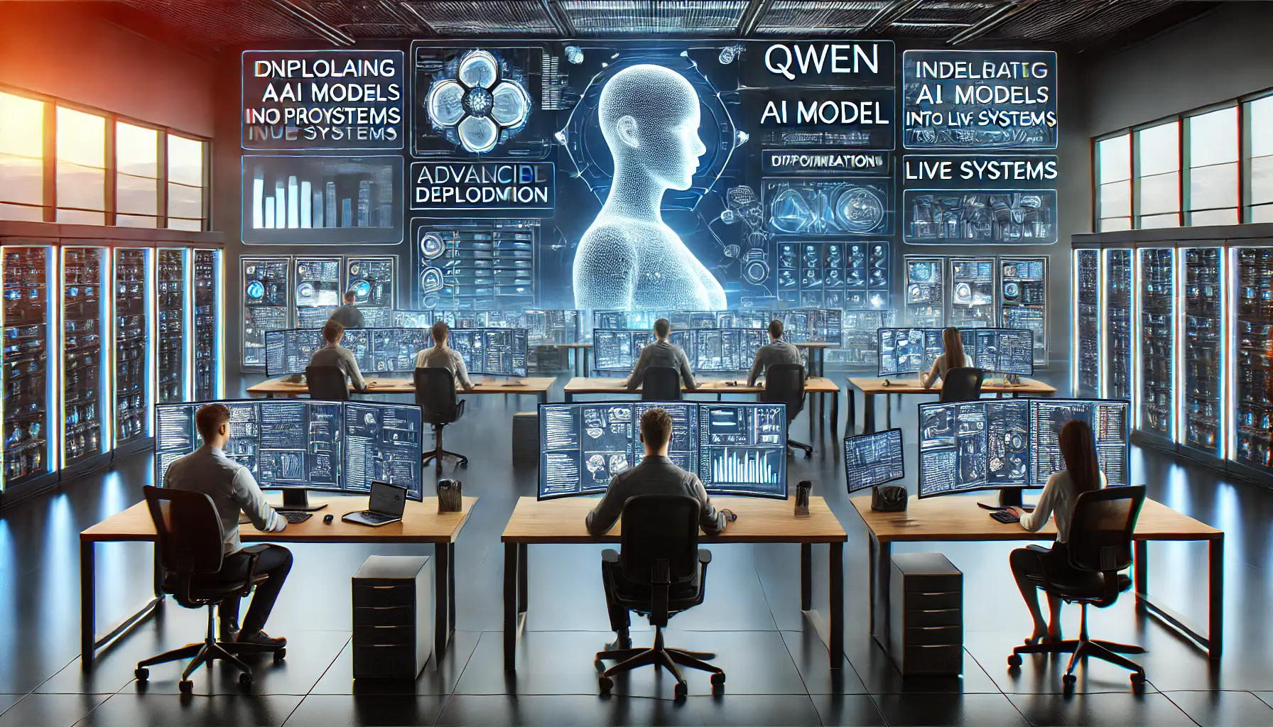 A modern production environment where professionals are deploying the Qwen AI model into live systems, integrating it into real-world applications.