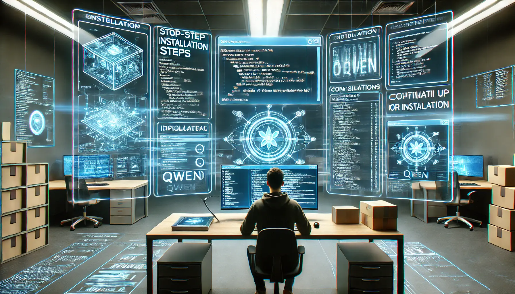 A high-tech workspace showing a developer setting up the installation procedure of Qwen, with multiple digital screens displaying code, configuration settings, and system diagnostics.