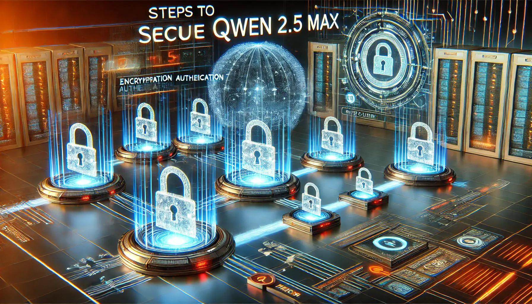 A futuristic digital environment illustrating the steps to secure Qwen 2.5 Max with secure checkpoints and data protection measures.