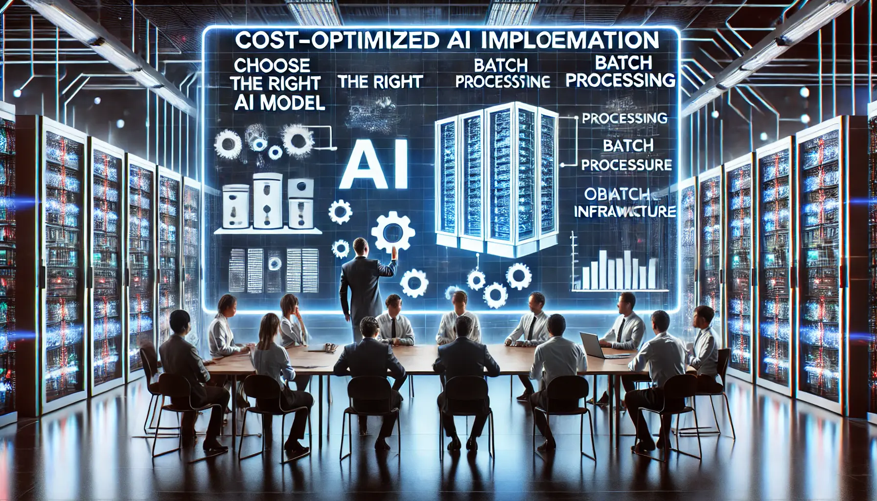 A high-tech business environment where professionals discuss strategies for cost-optimized AI implementation using digital tools.