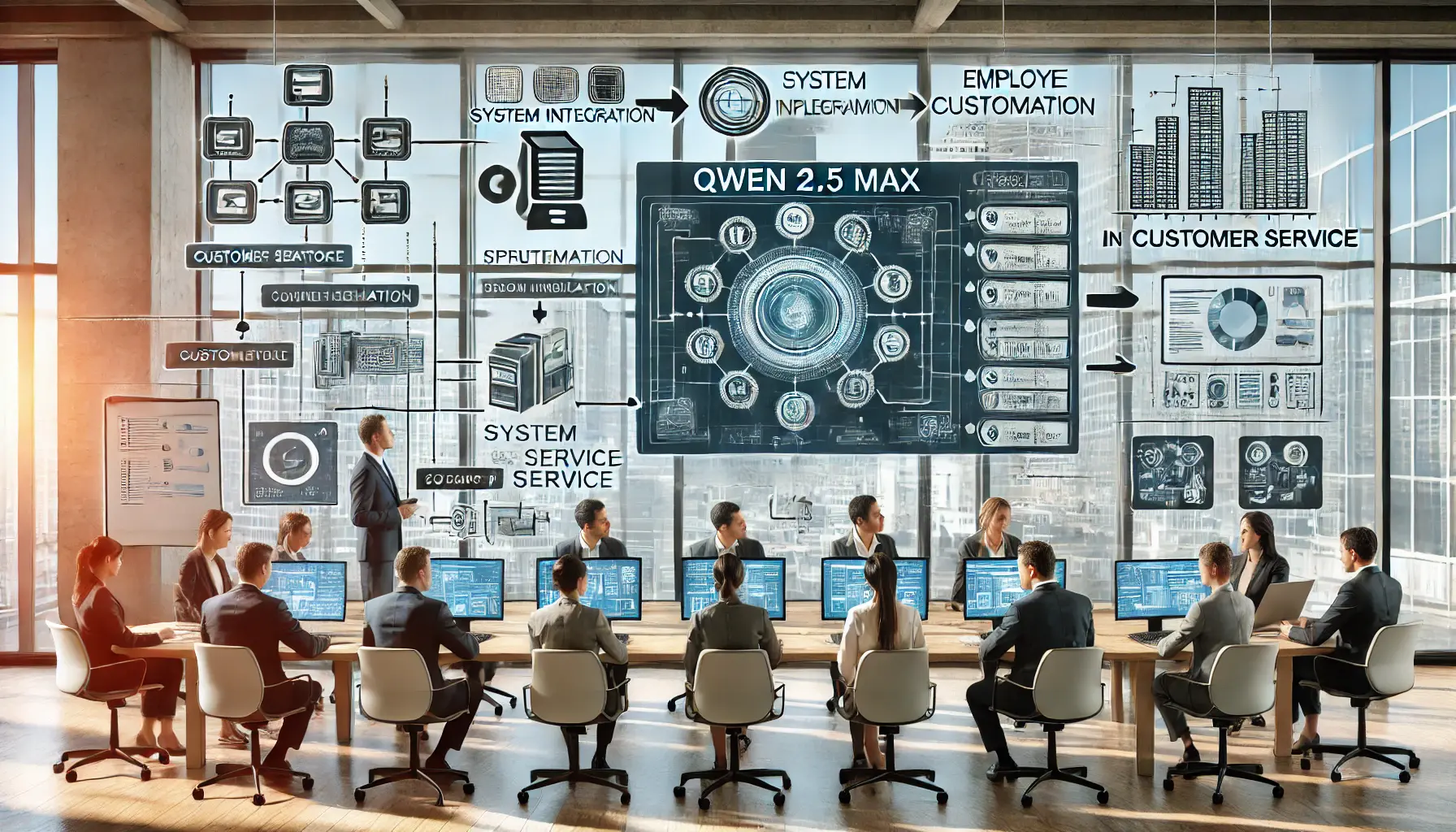 A structured deployment strategy for Qwen 2.5 Max in customer service with digital interfaces showing integration, training, and customization.