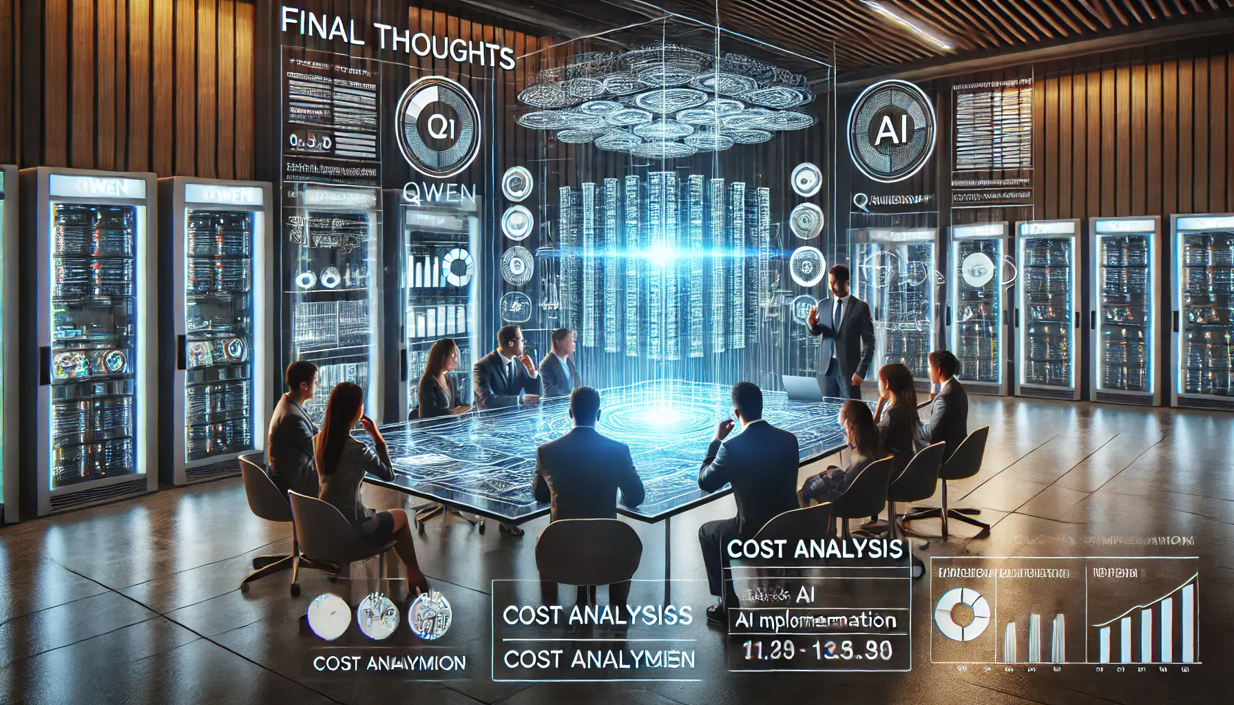 A high-tech business meeting where professionals analyze the final thoughts on the costs of Qwen implementation using holographic displays.