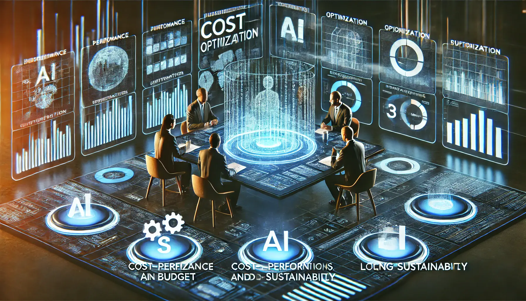 A high-tech business meeting where professionals analyze cost optimization strategies for AI implementation using holographic displays.