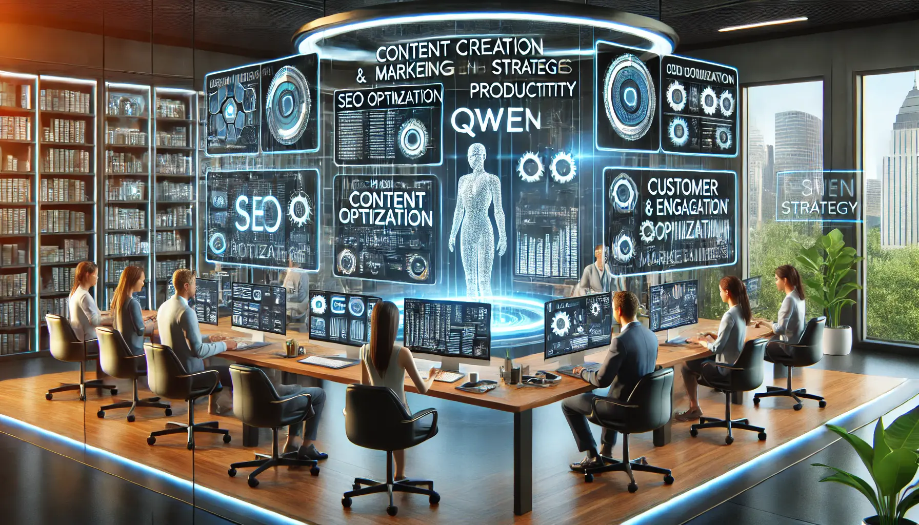 A modern content creation and marketing strategy room where AI-powered interfaces optimize content and marketing campaigns.