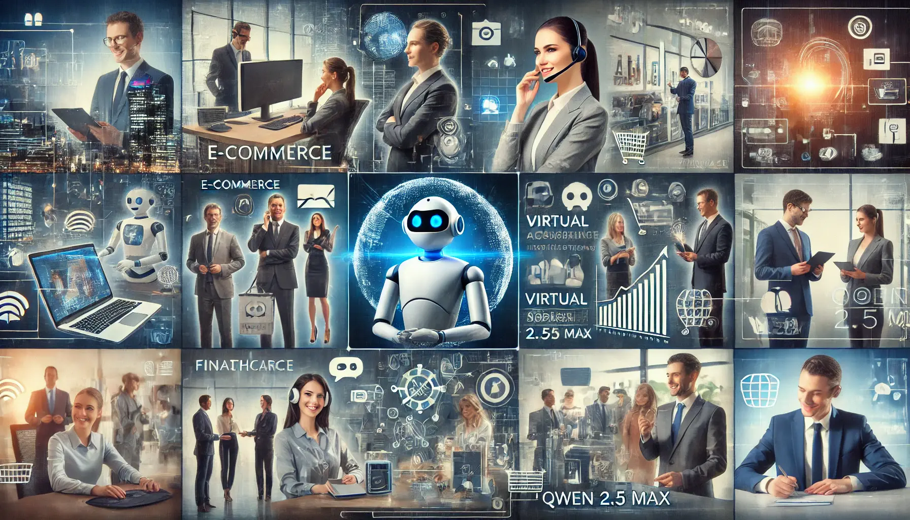 A collage showing professionals in e-commerce, finance, and healthcare industries benefiting from Qwen 2.5 Max, with AI systems processing real-time data.