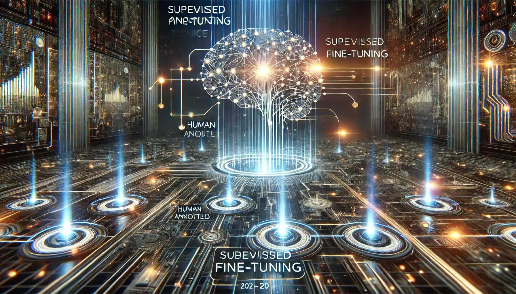 A digital representation of supervised fine-tuning techniques, with human-annotated data streams being fed into a neural network for optimization.