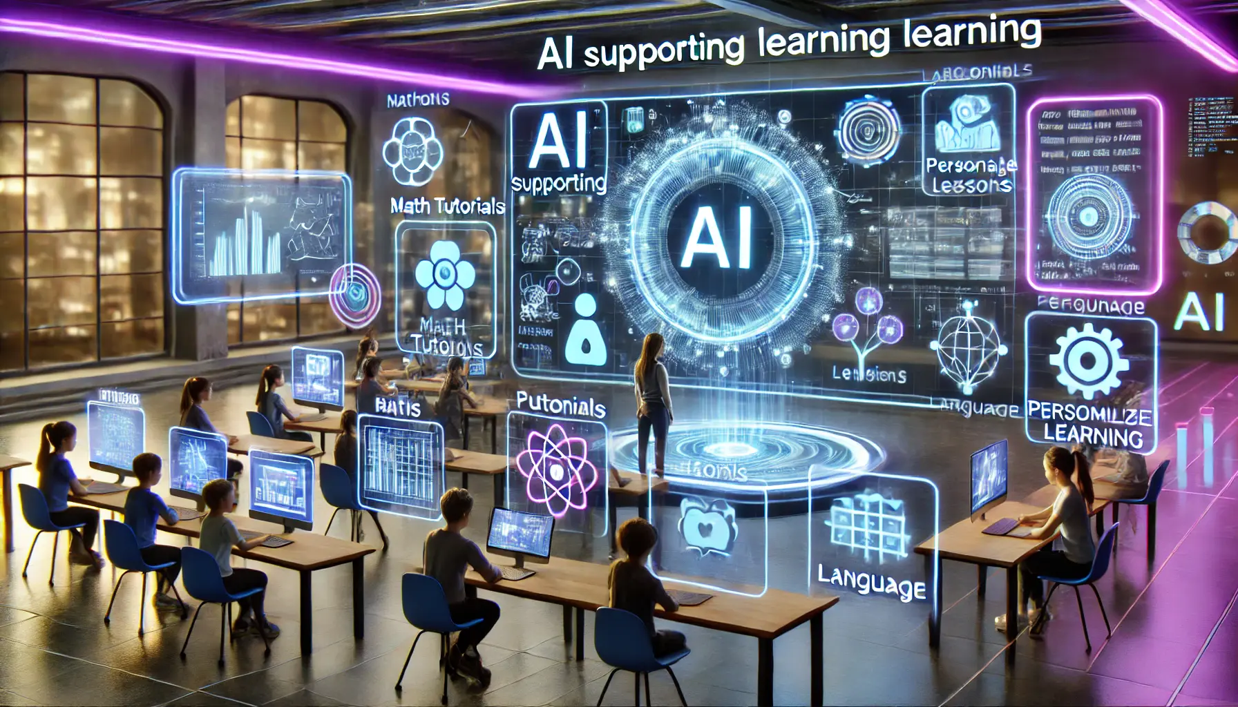 A high-tech virtual classroom with AI-powered educational tools displaying personalized learning materials and tutorials.