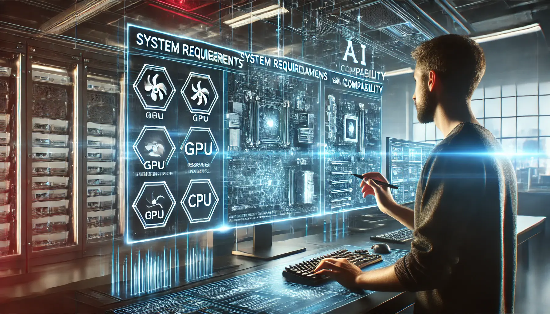 A high-tech workspace featuring a developer checking system specifications on a digital console, with holographic displays showing system diagnostics and hardware configurations.