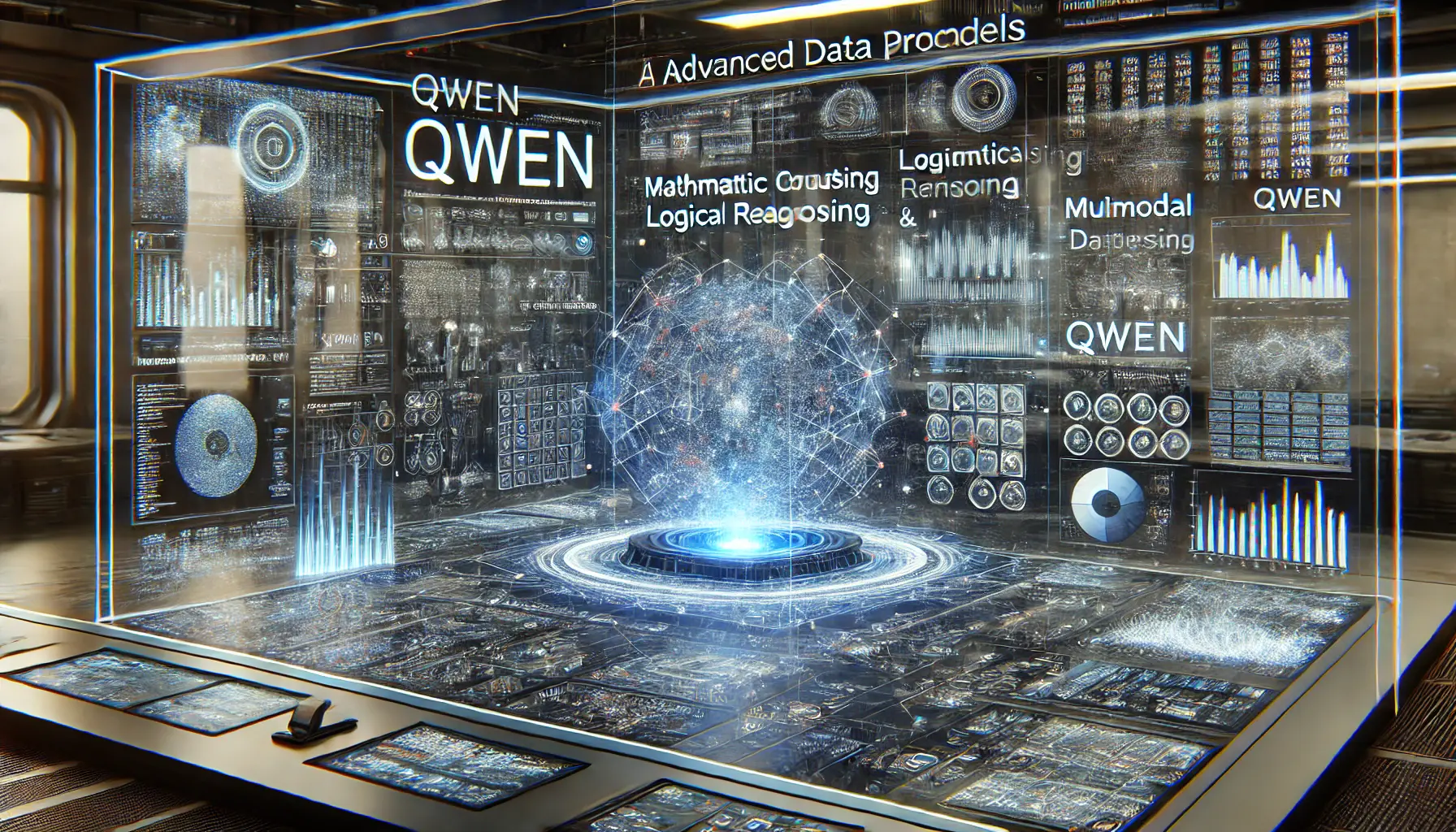 A futuristic data processing lab showcasing advanced AI models analyzing large datasets with real-time processing, mathematical computations, and multimodal data integration.