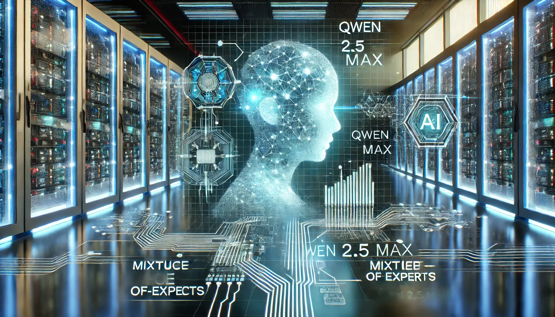 A futuristic digital representation of the technical architecture of Qwen 2.5 Max, featuring a glowing AI neural network with interconnected nodes and circuits.