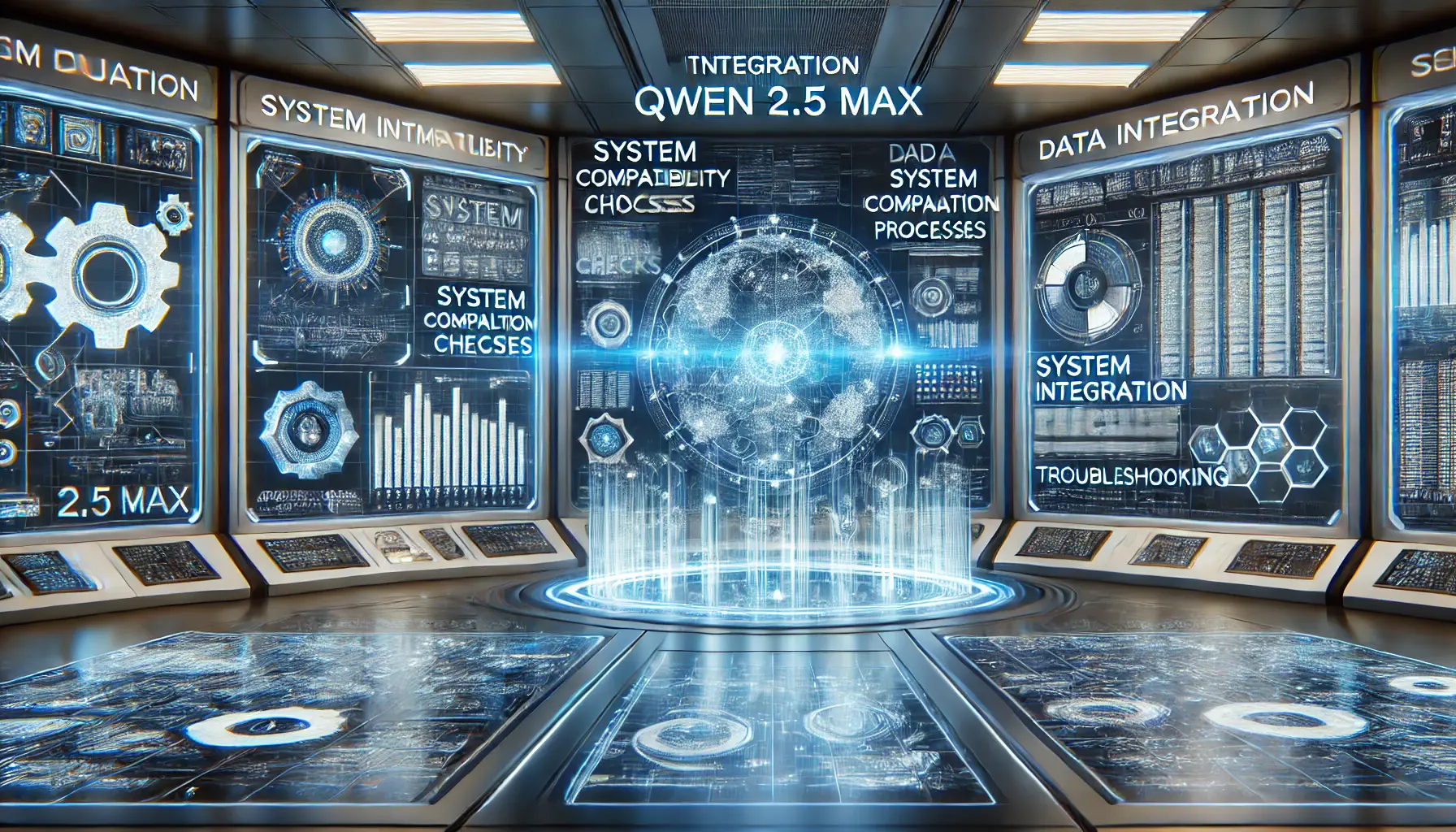 A futuristic AI-powered control room displaying technical challenges in integrating Qwen 2.5 Max, including system compatibility and data integration issues.