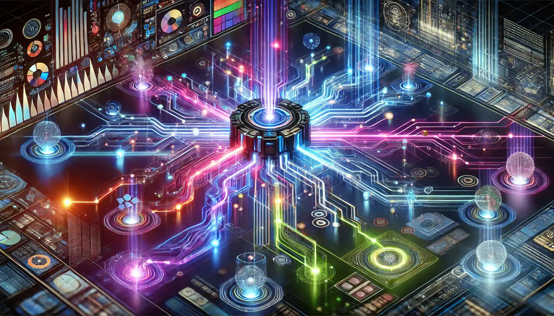 A futuristic AI infrastructure with interconnected neural networks processing diverse language data streams, represented by glowing, colorful pathways. A central AI core dynamically processes multilingual input, symbolizing efficiency and adaptability.