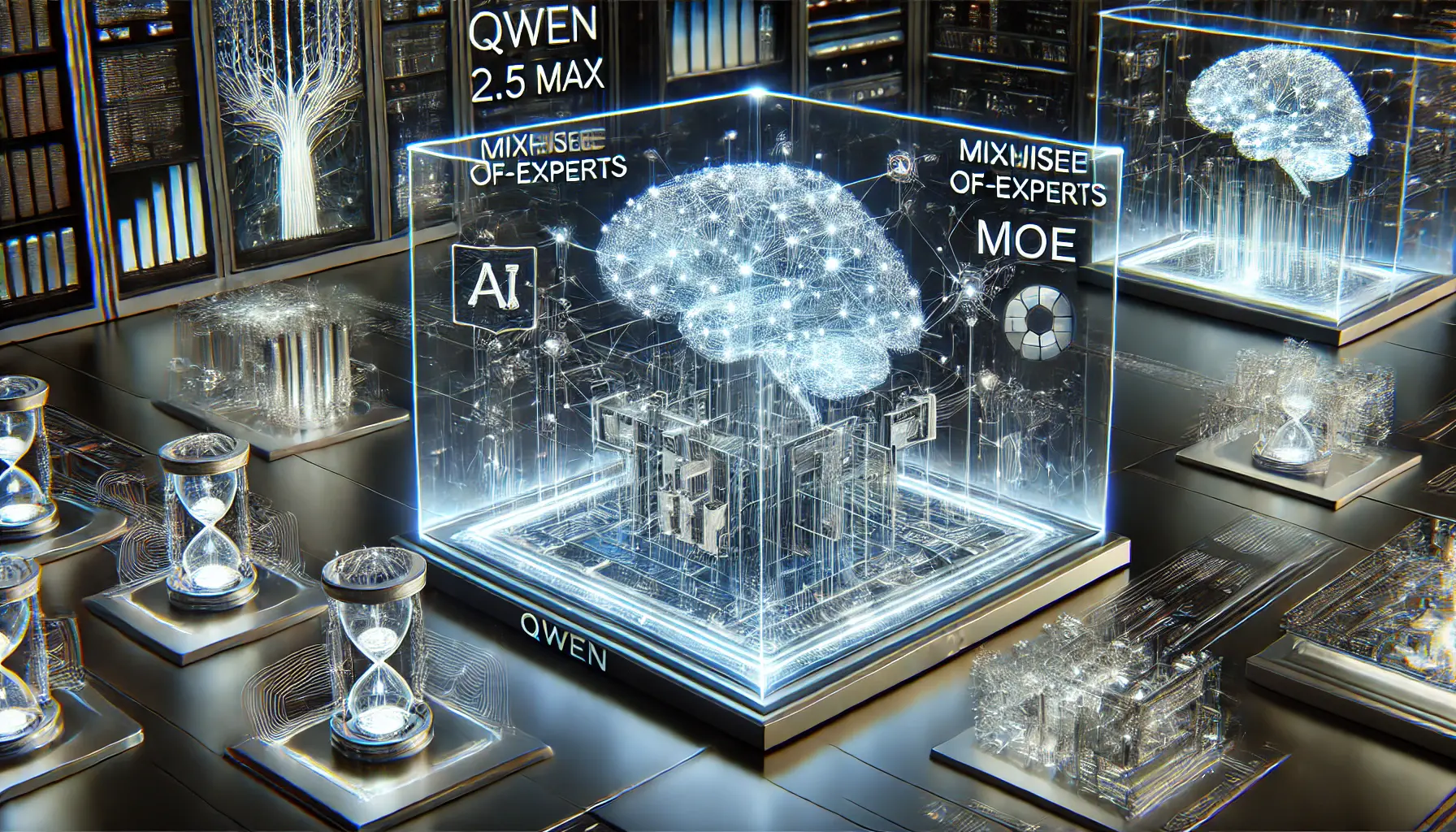 A high-tech representation of Qwen 2.5 Max's technical features, including neural networks, Mixture-of-Experts (MoE) processing, and computational data flows.