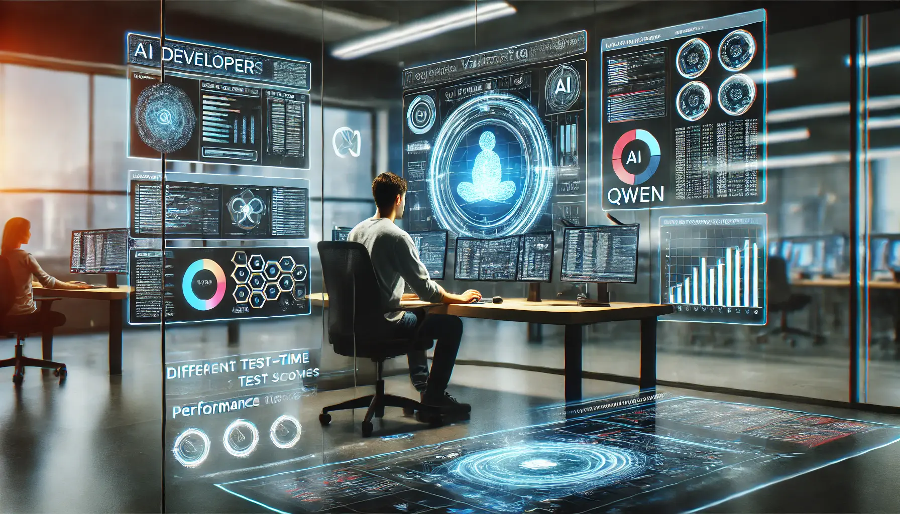 A high-tech developer workspace where a developer is testing and validating the integration of an AI model, with digital screens displaying test results and performance analysis.