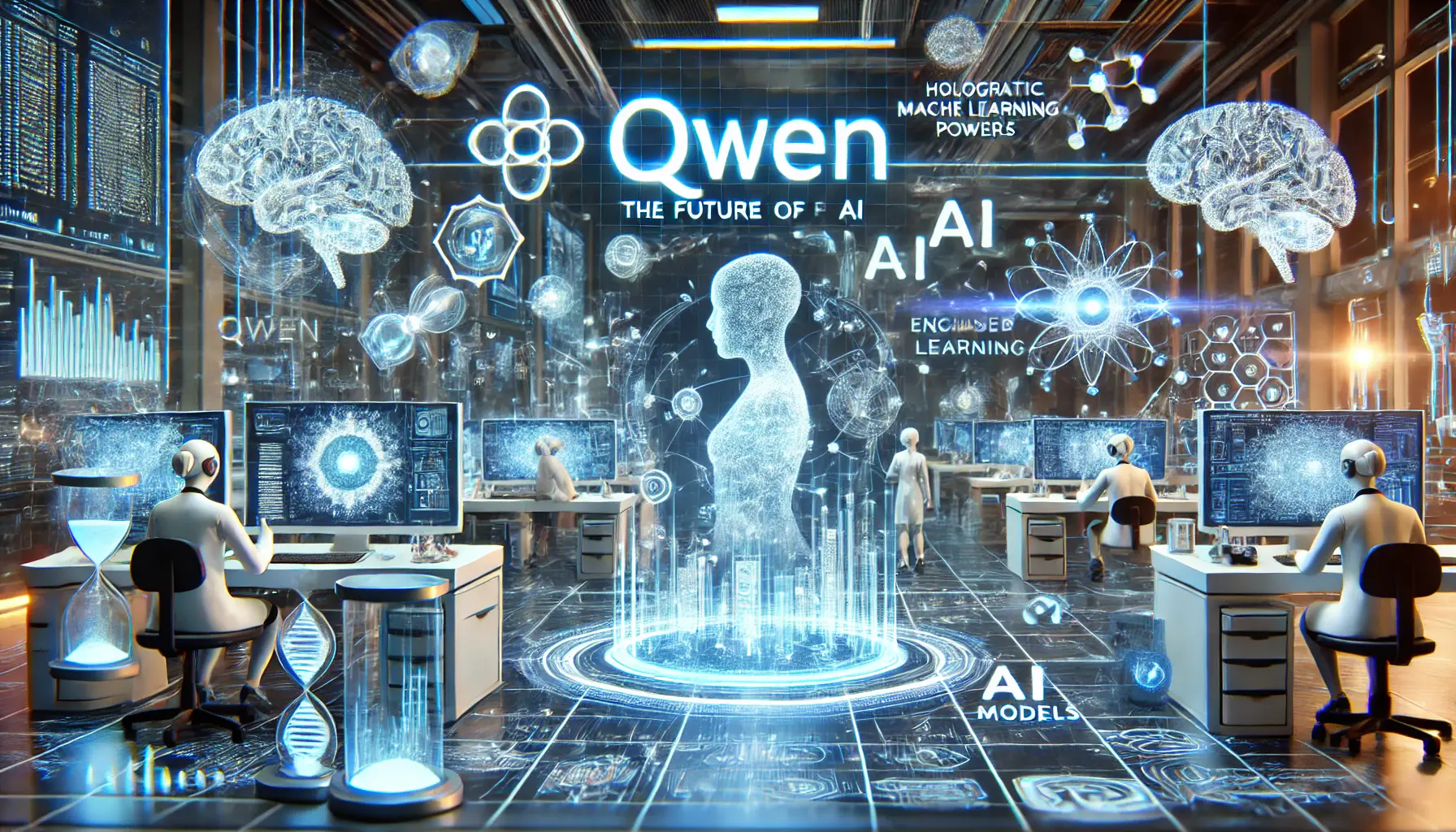 A high-tech digital scene depicting the future and development of Qwen, with AI researchers working on advanced AI models and evolving technology.