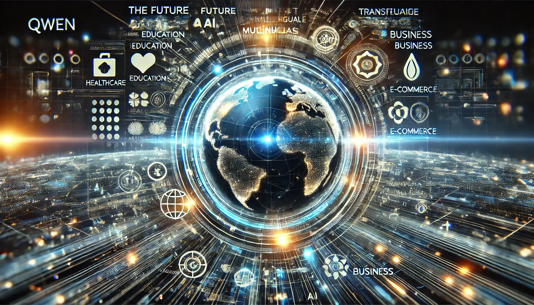 A futuristic digital globe surrounded by interconnected data streams representing various languages impacting different industries.