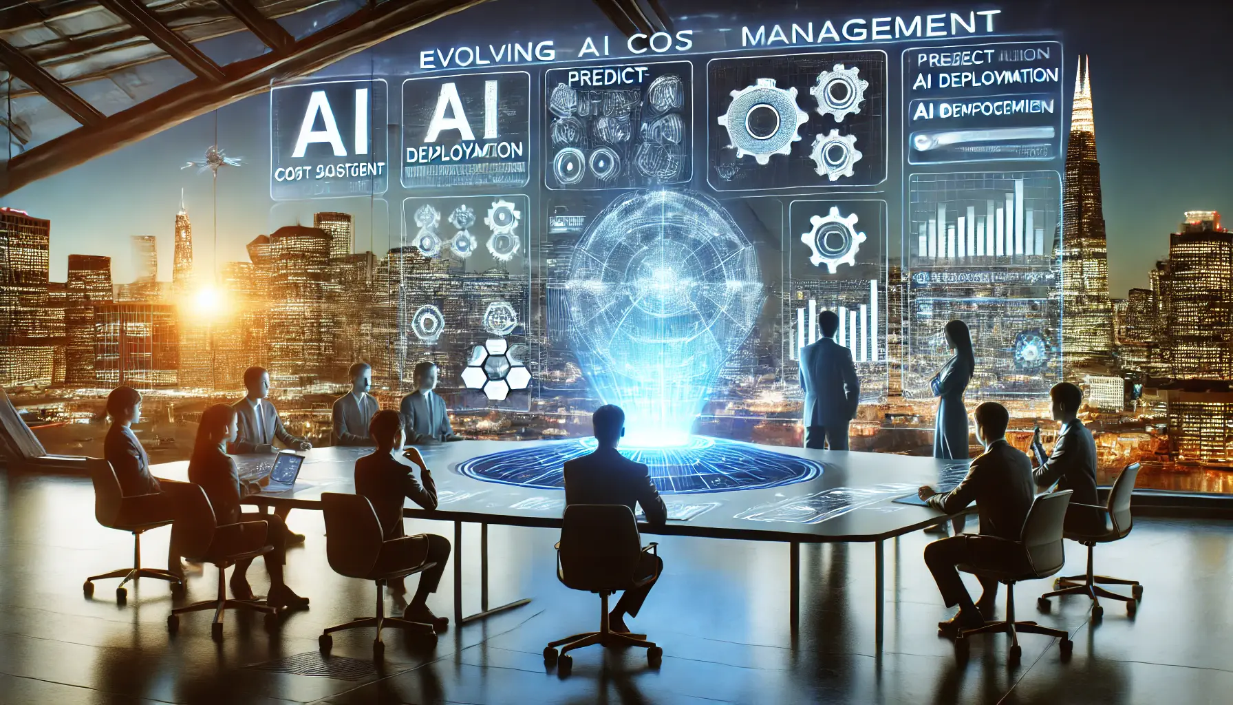 A futuristic environment where professionals use AI tools to optimize future costs associated with AI deployment and resource management.