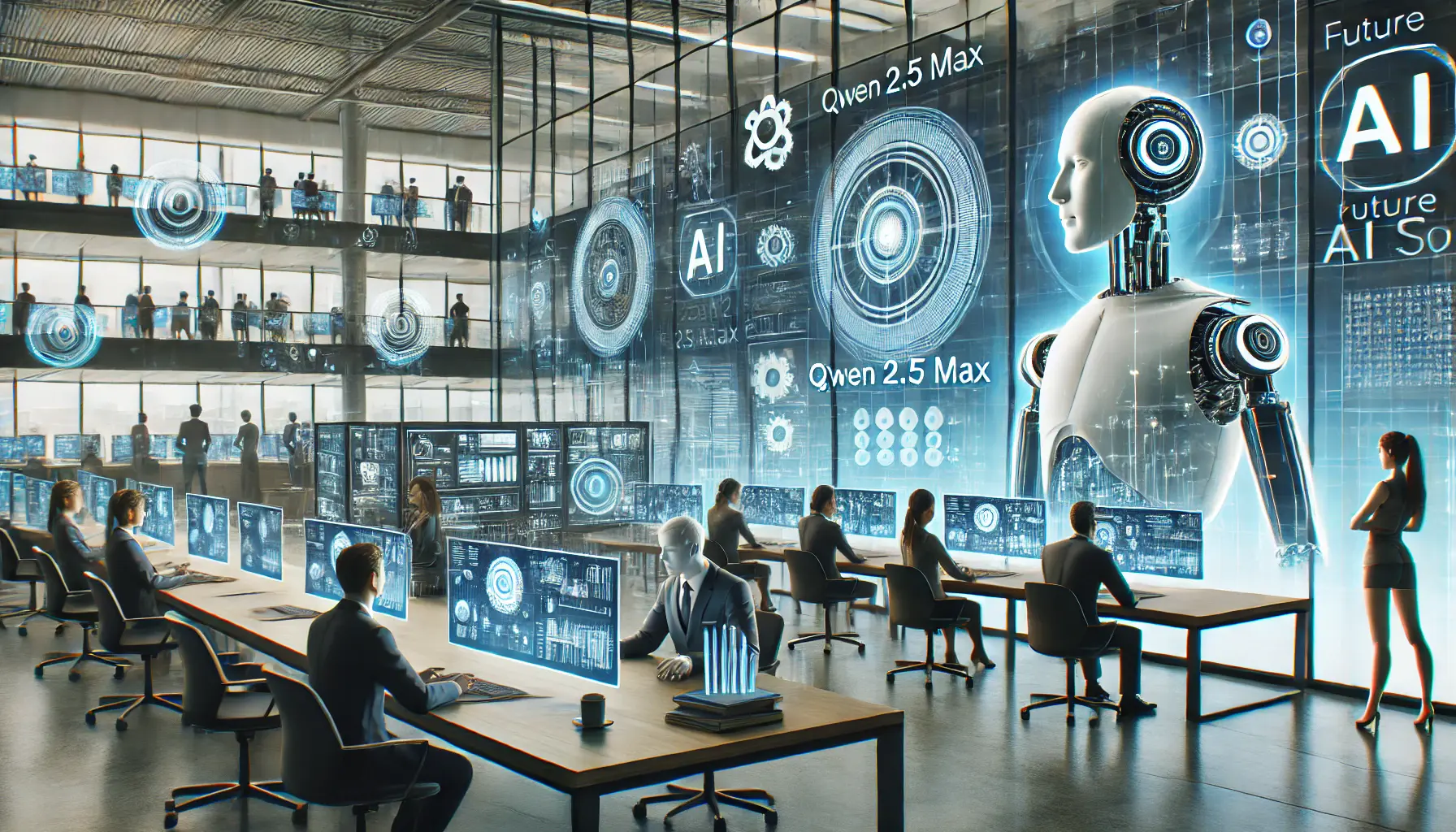 A futuristic office where professionals work alongside AI systems, automating business processes and enhancing decision-making.