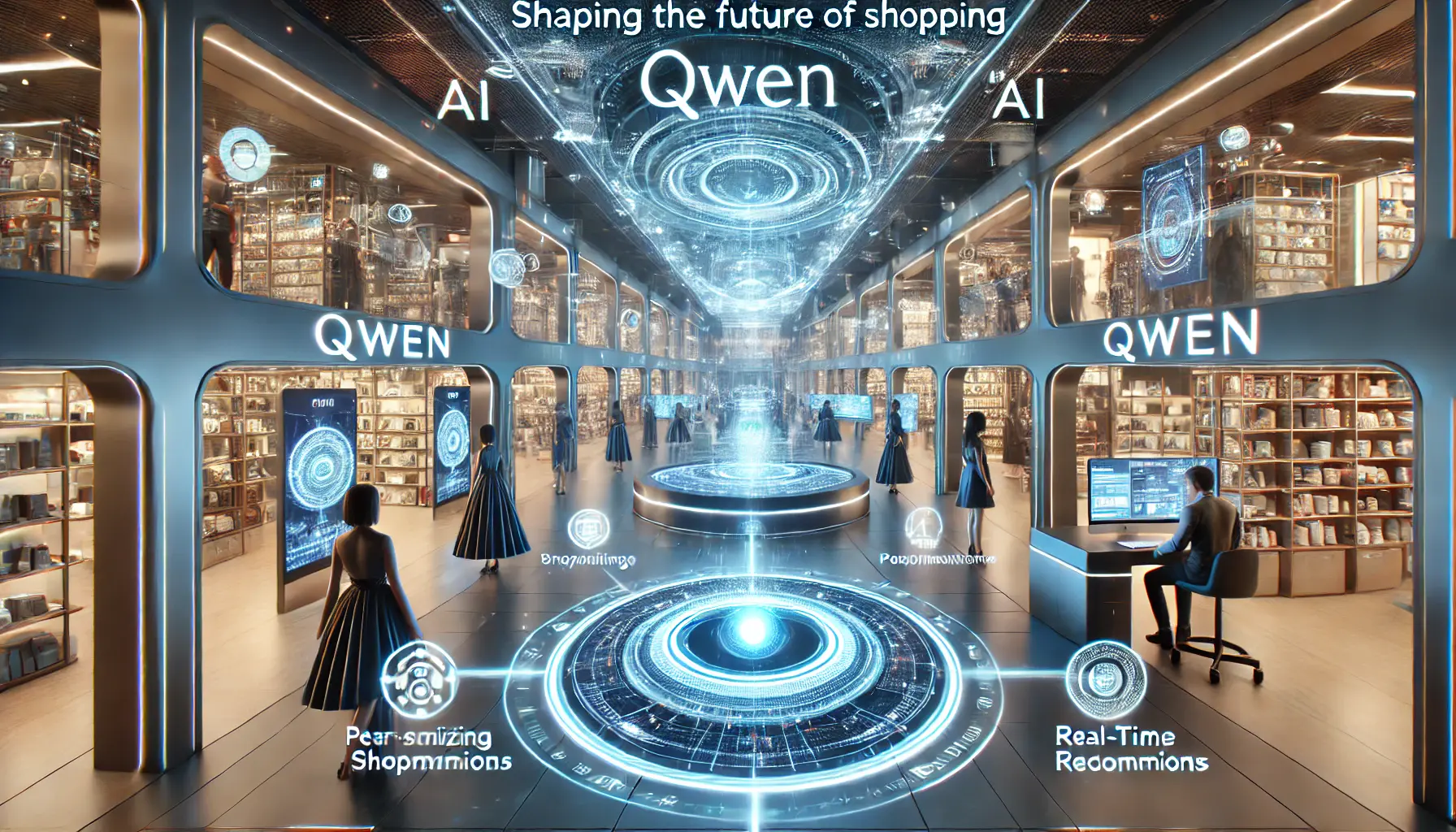 A futuristic e-commerce marketplace powered by AI, featuring virtual shopping assistants and personalized shopping experiences through holographic displays.