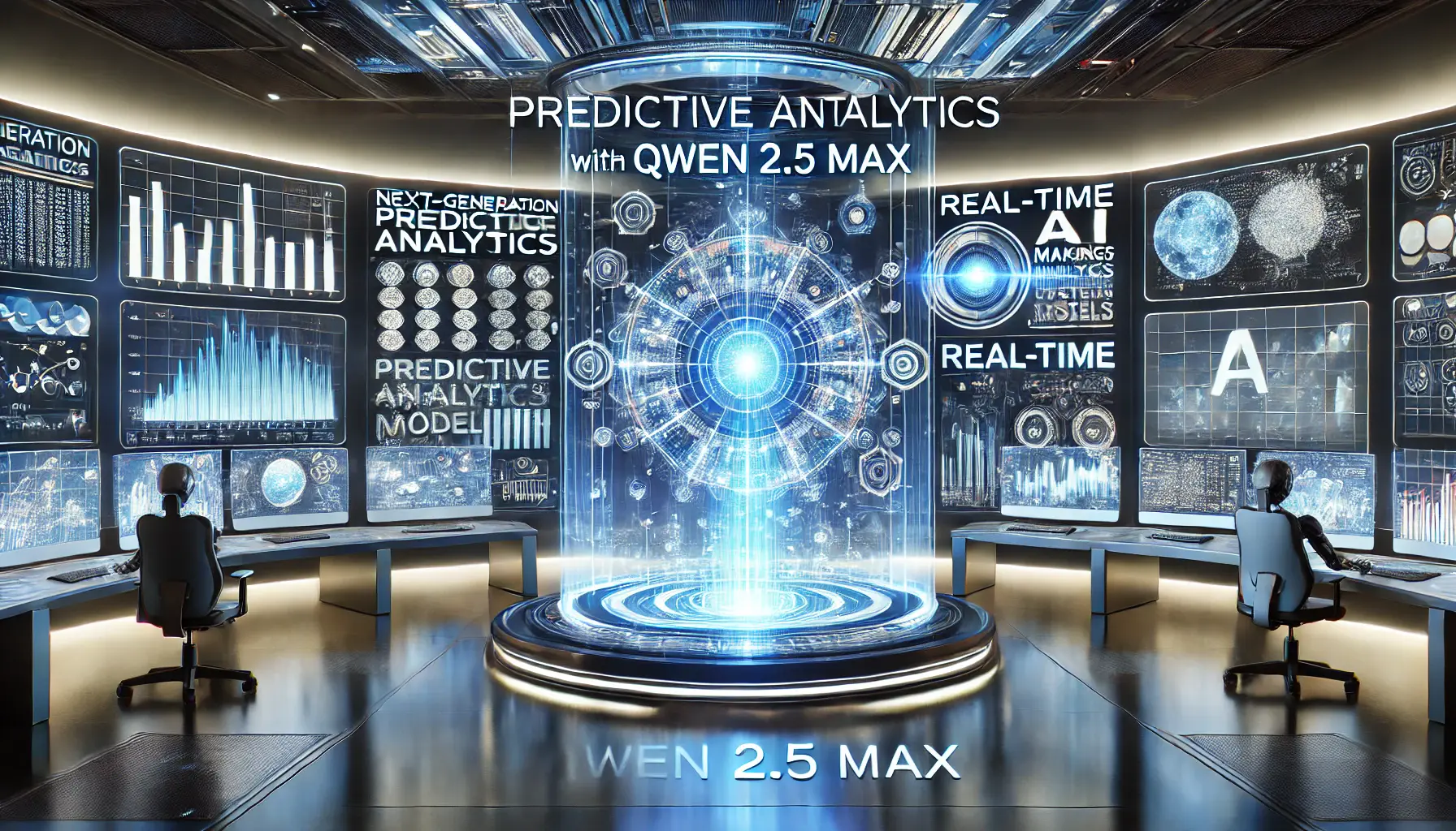 A futuristic AI-powered control room showcasing next-generation predictive analytics models and real-time data analysis with Qwen 2.5 Max.