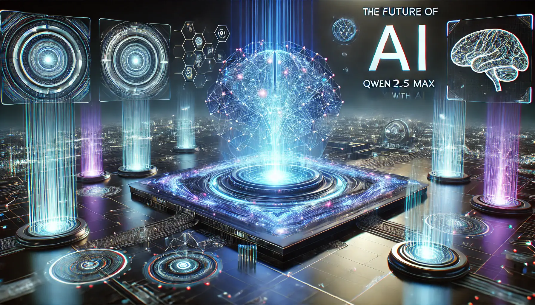 A high-tech digital environment showcasing the future of Qwen 2.5 Max with interconnected neural networks and futuristic AI-driven systems.