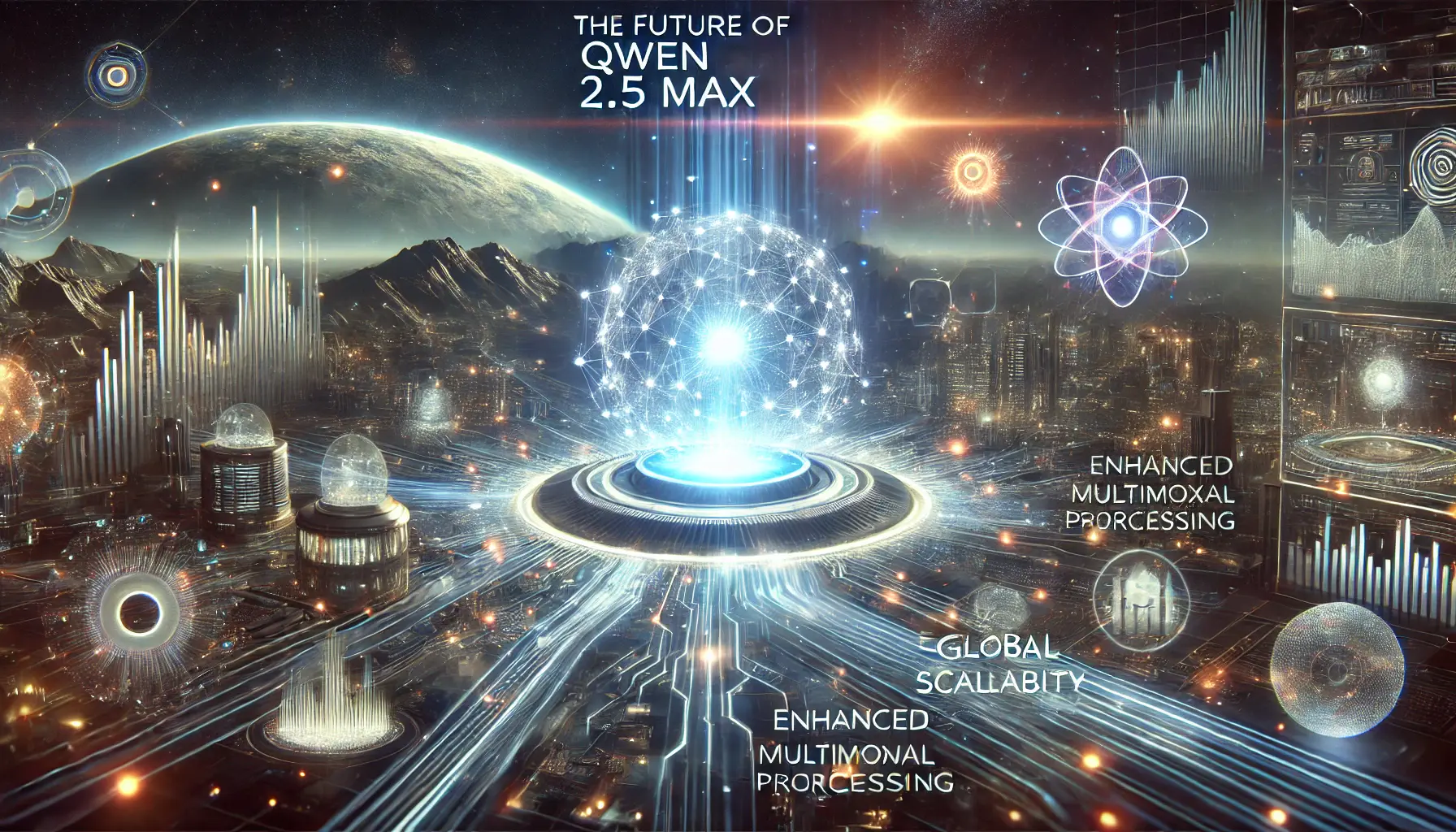 A futuristic AI core surrounded by evolving digital landscapes and glowing data streams, symbolizing the future of Qwen 2.5 Max.