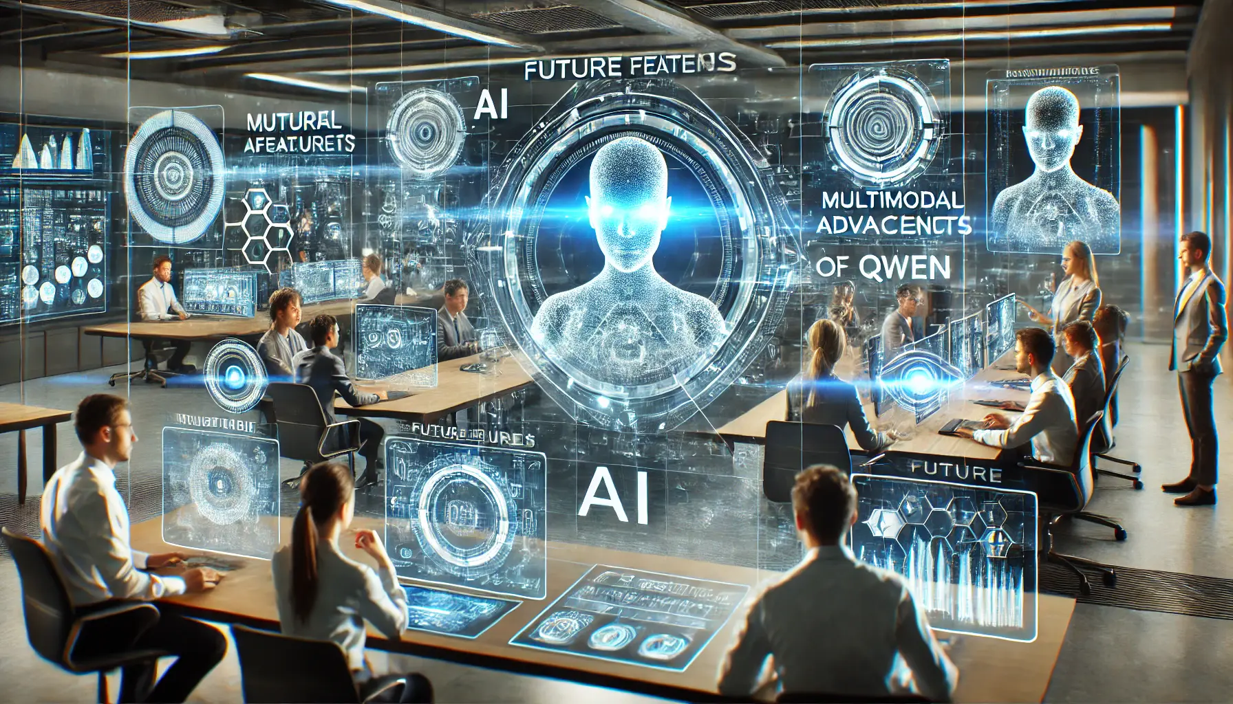 A futuristic AI development environment where professionals are discussing and visualizing the future advancements and potential impact of Qwen.