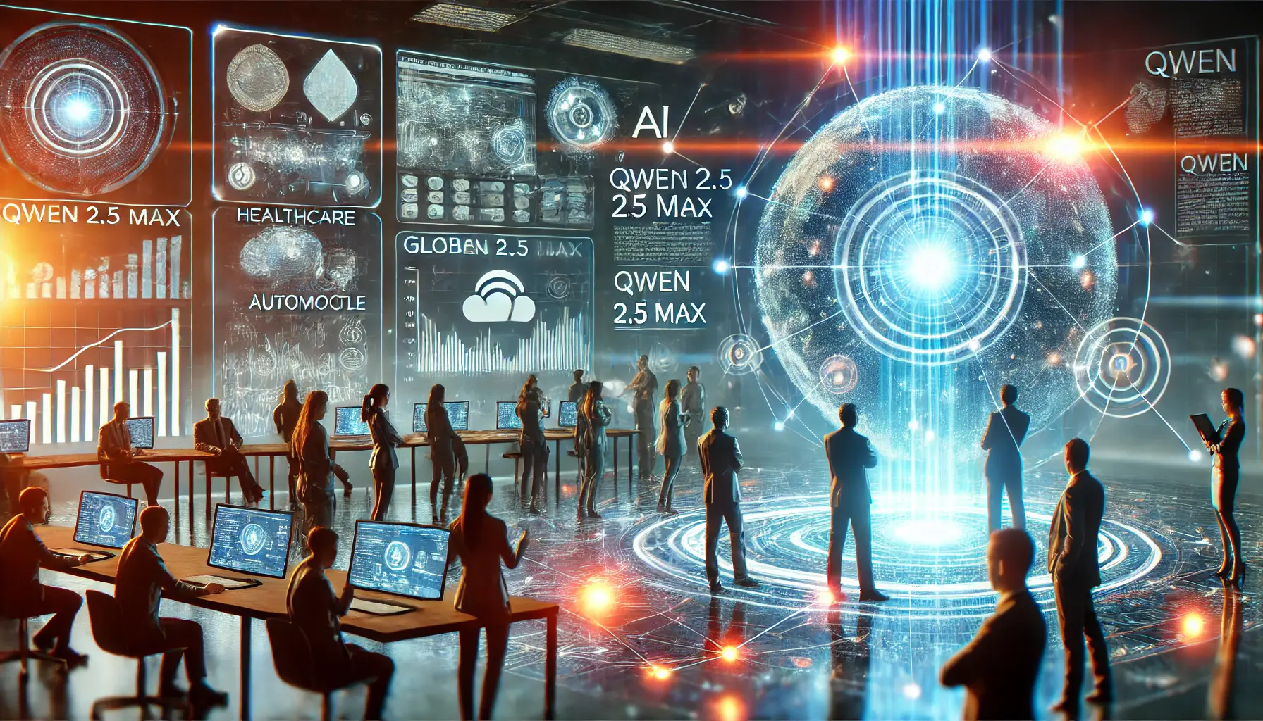 A futuristic scene showcasing the global impact and future advancements of Qwen 2.5 Max, with AI experts analyzing its influence across various industries.