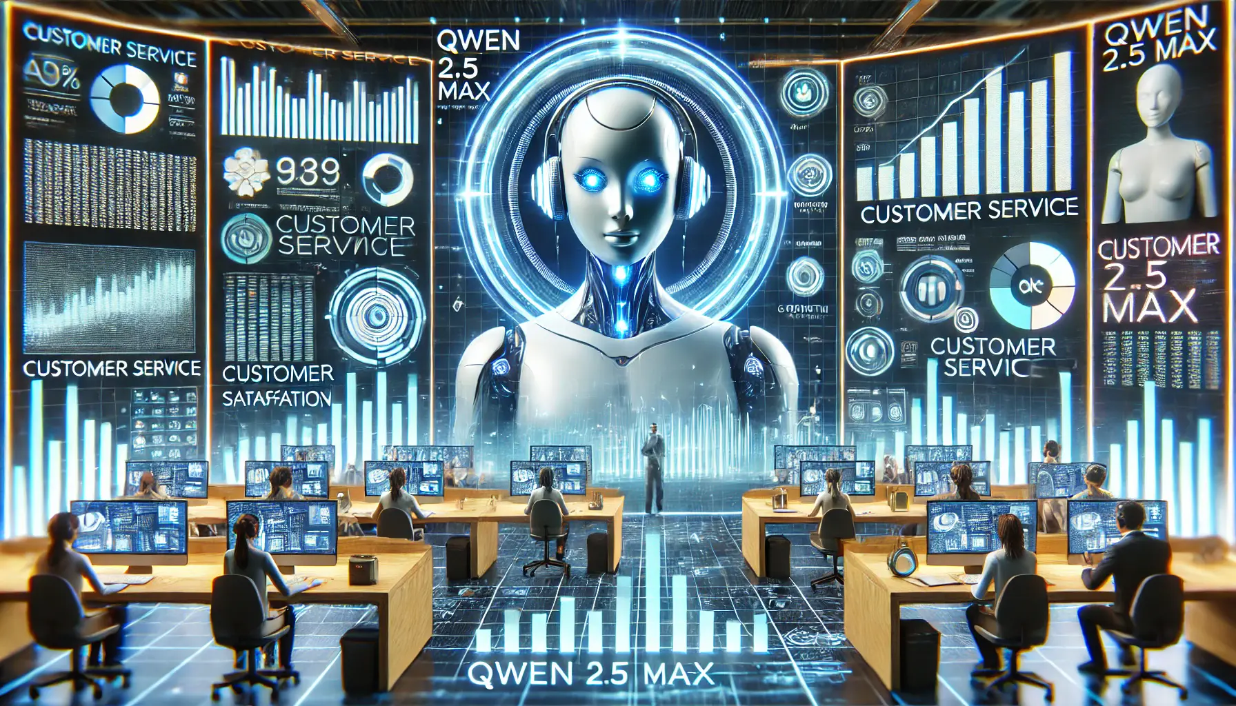 A futuristic customer service environment where Qwen 2.5 Max AI systems enhance productivity and customer satisfaction.