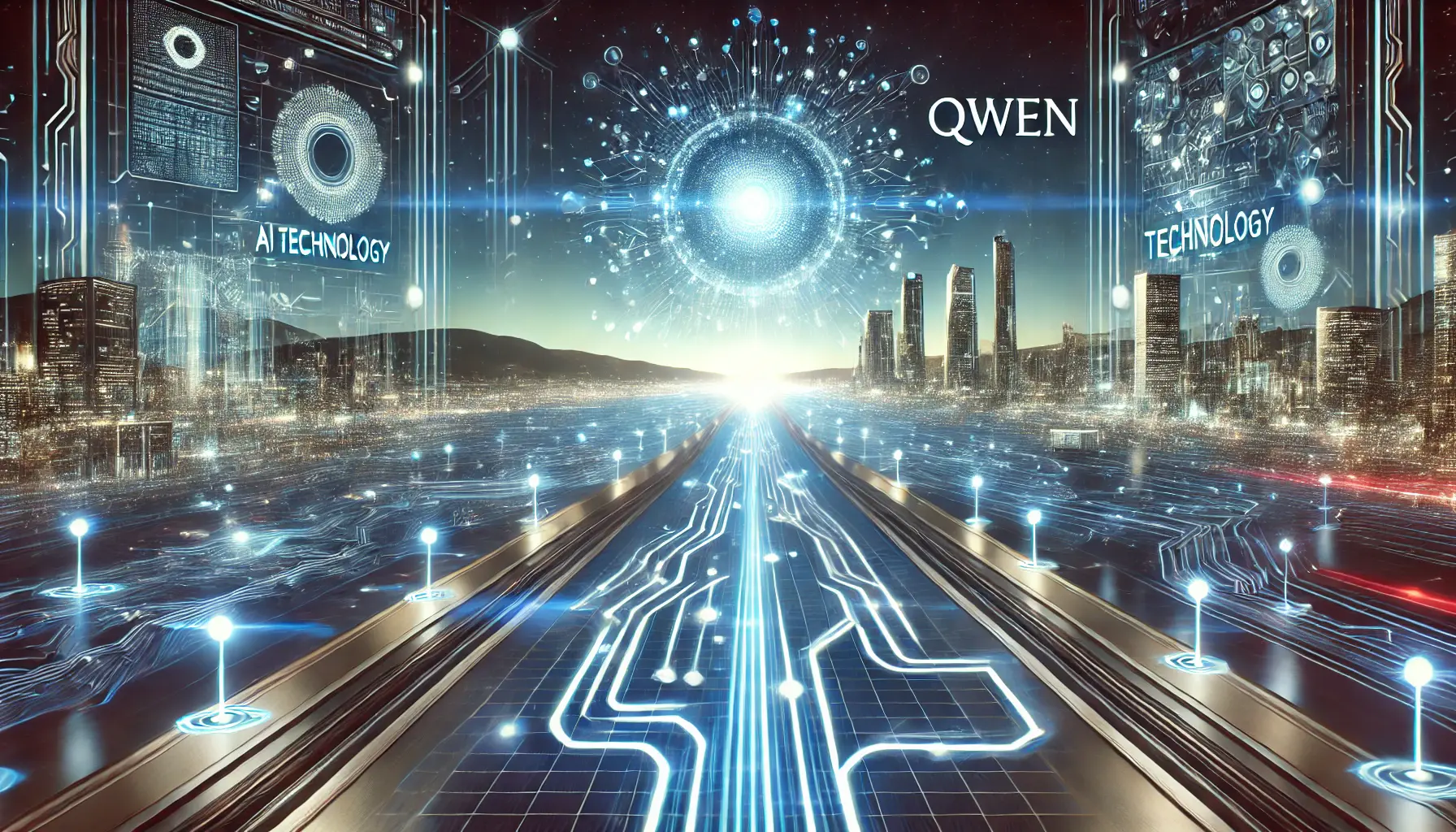 A futuristic scene depicting the road ahead for Qwen AI technology. The image includes a digital landscape with glowing pathways symbolizing progress, leading toward a bright horizon filled with advanced AI models and futuristic applications.