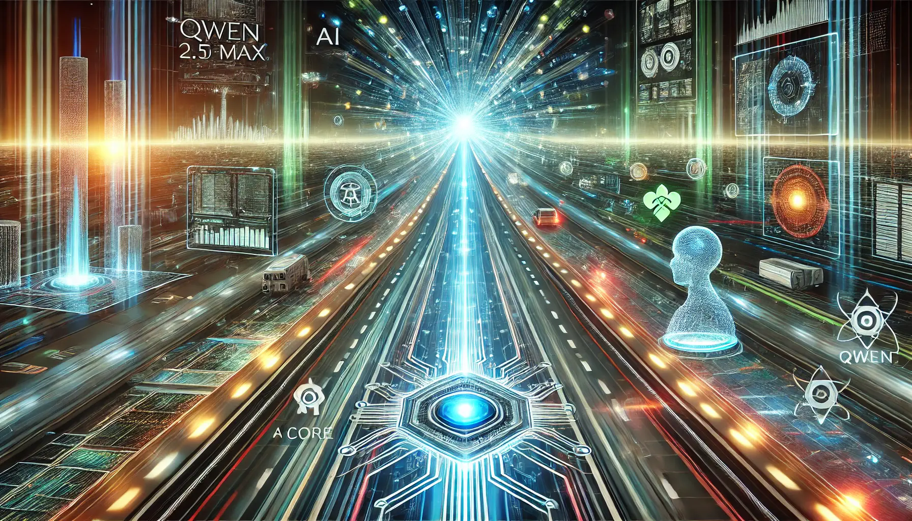 A digital representation of Qwen 2.5 Max's future advancements, with a glowing AI core on a futuristic road surrounded by emerging technologies.