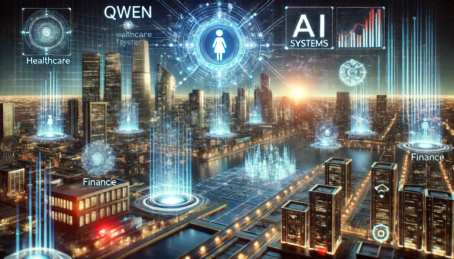 A futuristic cityscape illuminated by glowing data streams and holographic displays, with AI systems like Qwen connecting multiple sectors like healthcare, finance, and education.