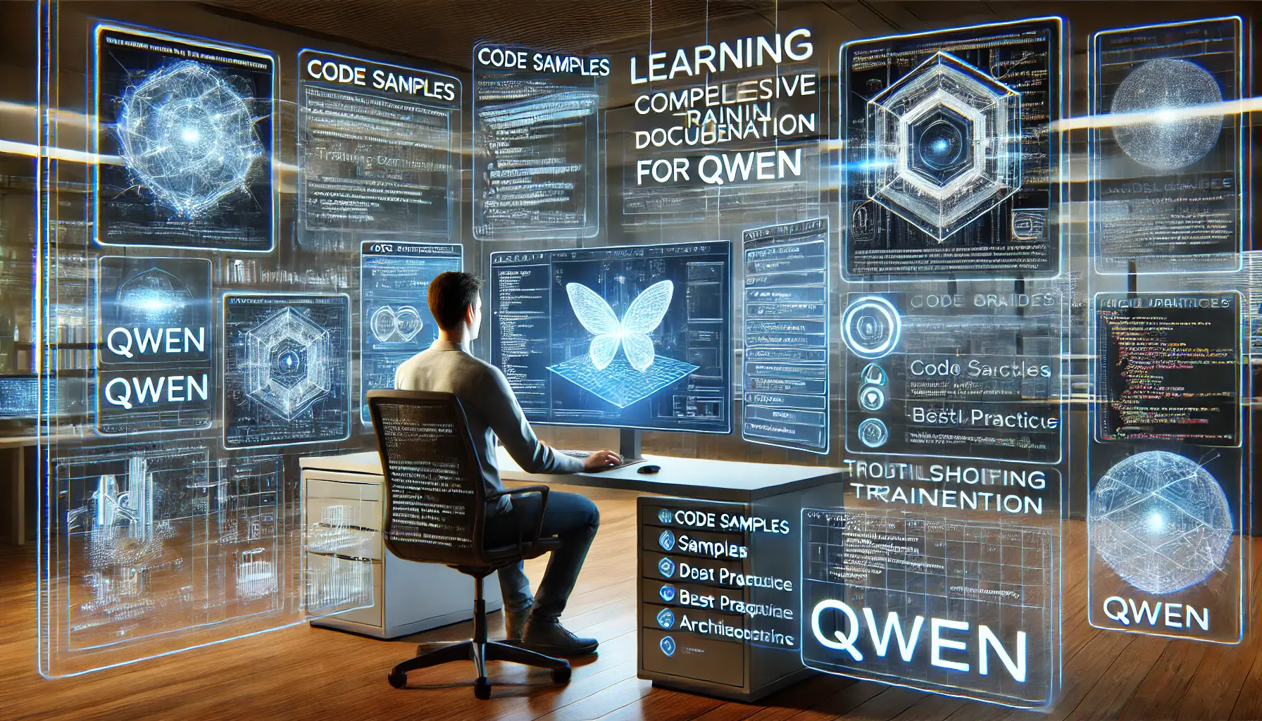 A high-tech developer workspace showcasing training materials such as code samples, model architecture, and technical documentation for Qwen.