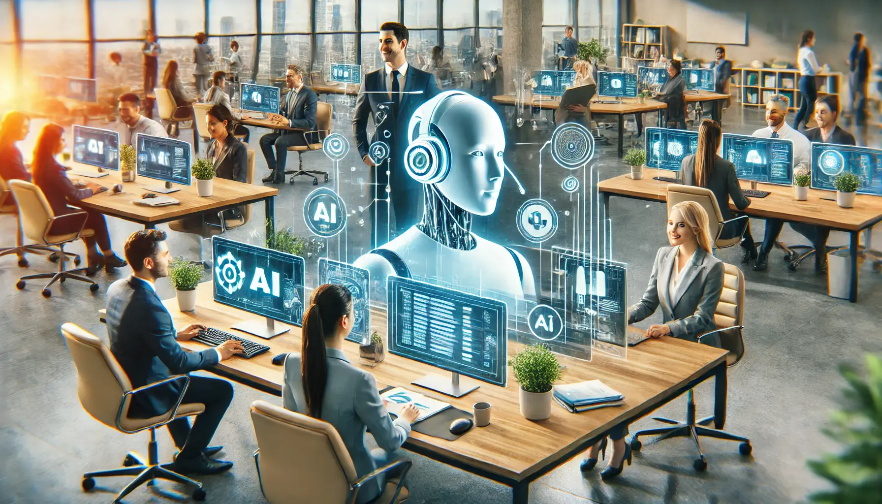 Employees in a modern office learning to collaborate with AI systems through interactive tools and virtual assistants.