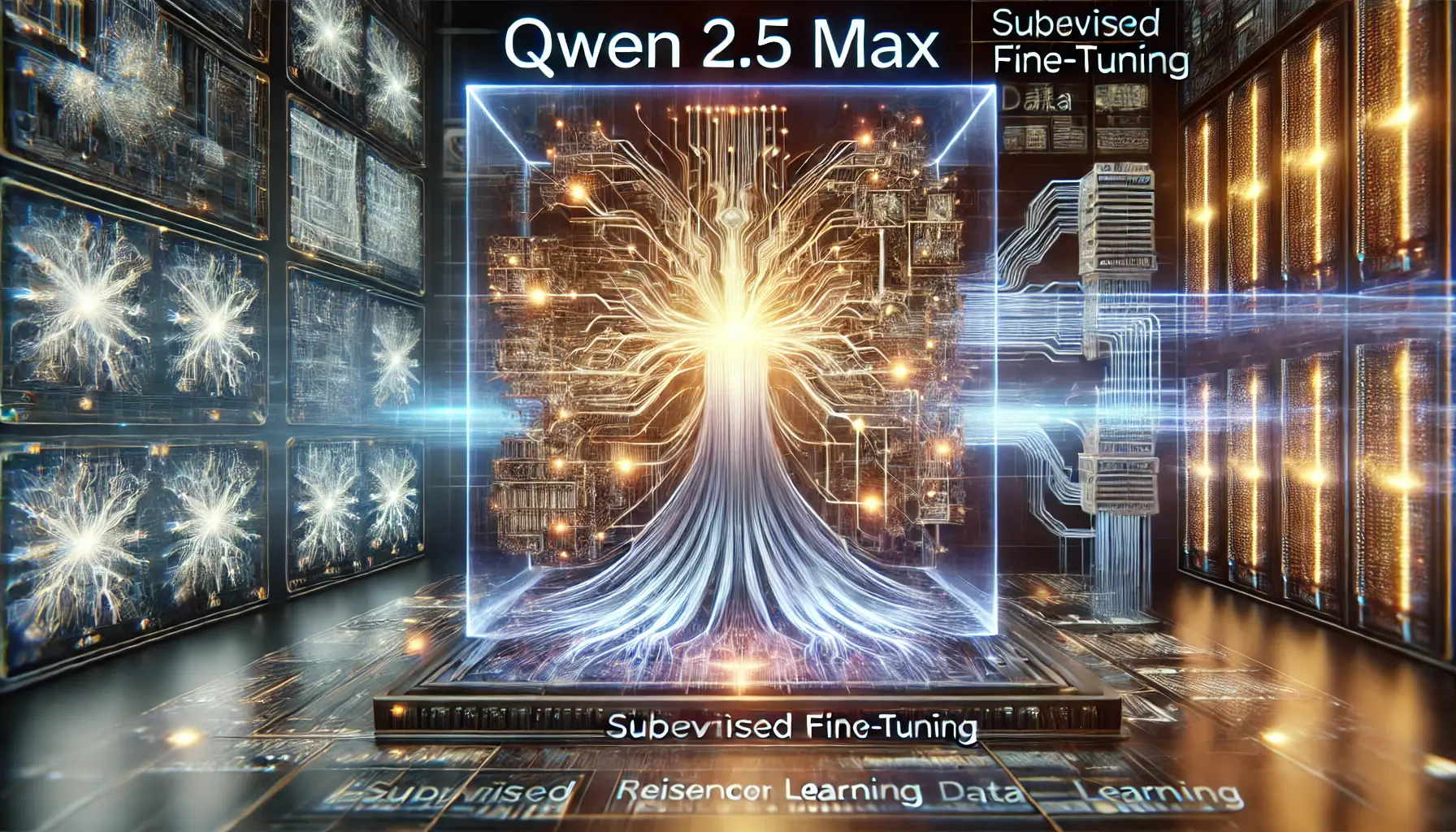 A high-tech visualization of the training methodologies in Qwen 2.5 Max, showcasing neural networks and data flows representing supervised fine-tuning and reinforcement learning.